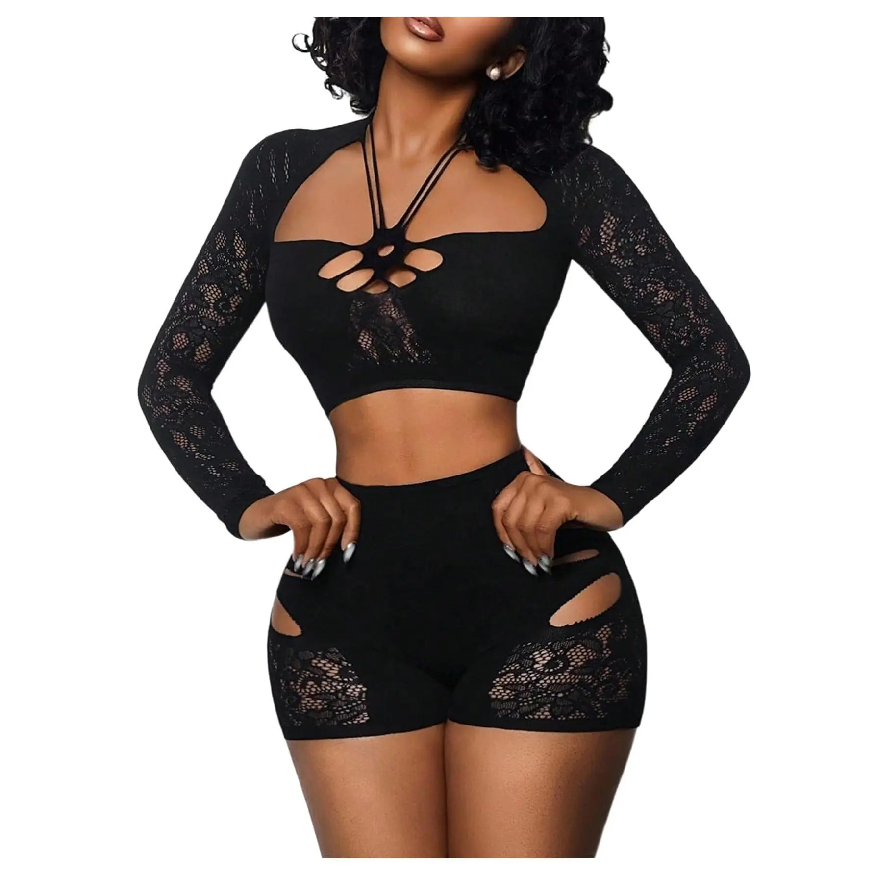 2 Piece Outfit Cut Out Sheer Mesh Crop Top Skinny Shorts Sets, Concert Outfits