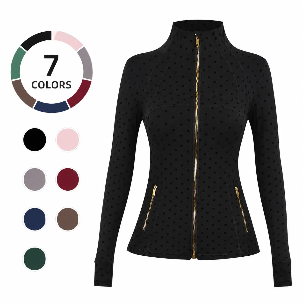 Women’s Polka Dot Full Zip Workout Jacket, Slim Fit Long Sleeve Athletic Yoga Jacket with Stand Collar & Zipper Pockets, Gym Activewear