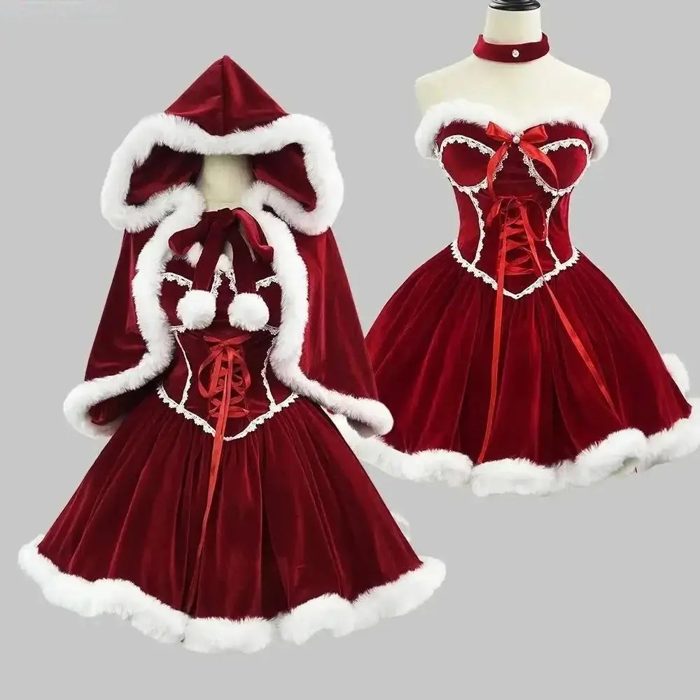 Disfraz Navidad Mujer Carnival Costume Girdling Christmas Dress Party Vintage Medieval Hooded Cloak Lolita Retro European Gown