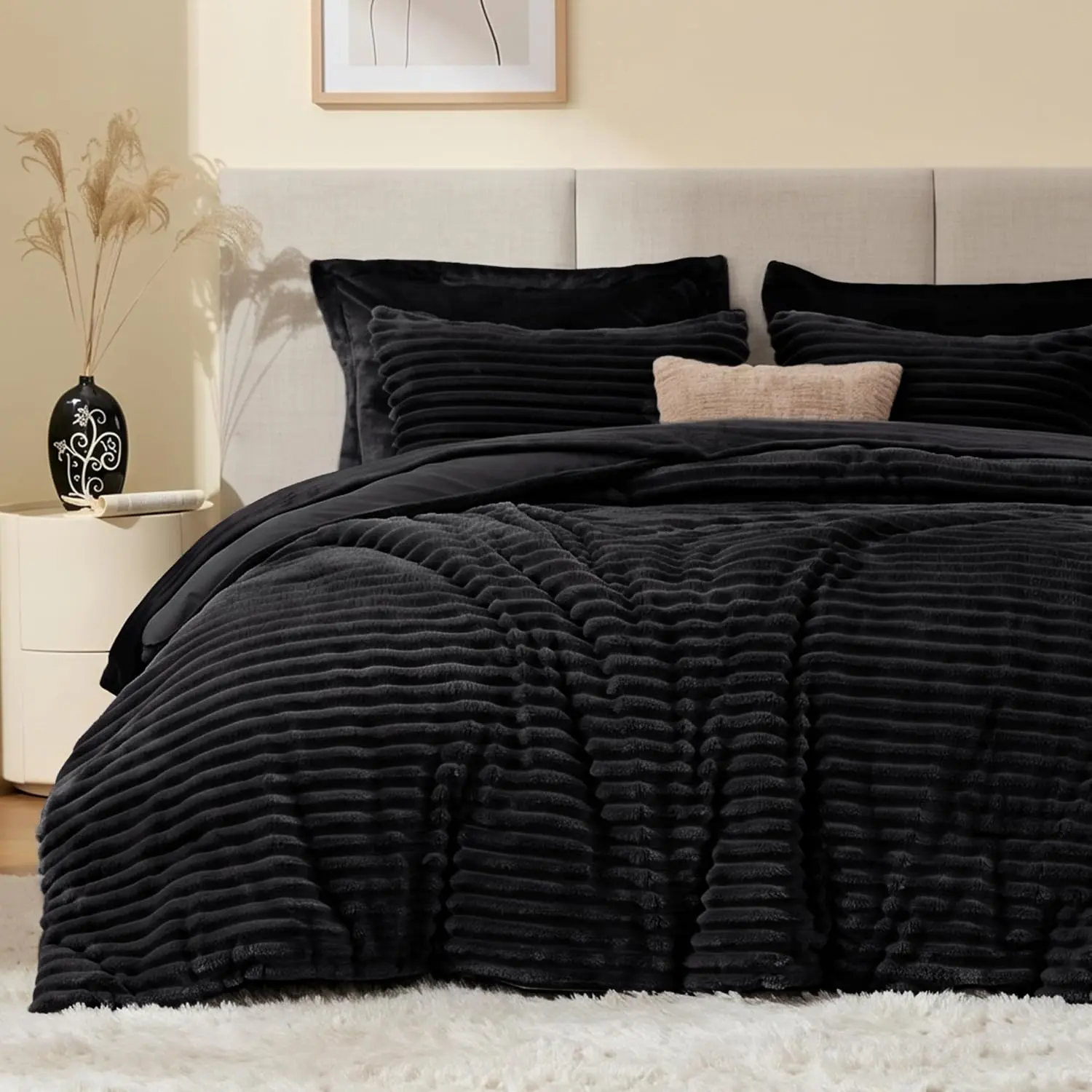 Comforter Set Queen Size - Soft Faux Fur Stripe Comforter 3 Pieces, Black Fleece Bedding Set,Winter Warm Bed Set,1 Comforter with 2 Pillowcases
