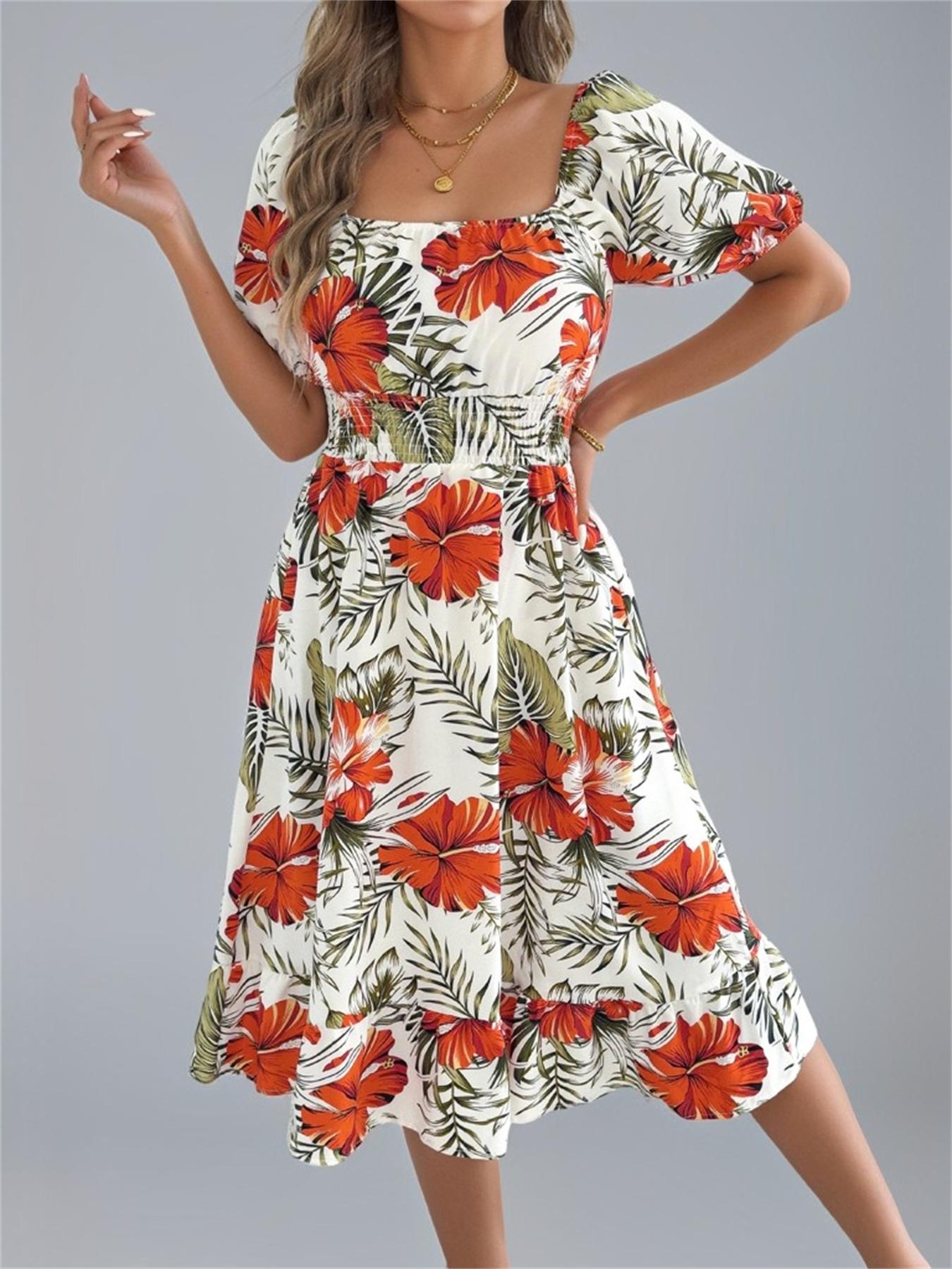 Women's Ditsy Floral Print Shirred Ruffle Hem Dress, Boho Fashion Square Neck Puff Sleeve Dress for Holiday, Daily and Casual Wear, Ladies Dress for Summer, Cute