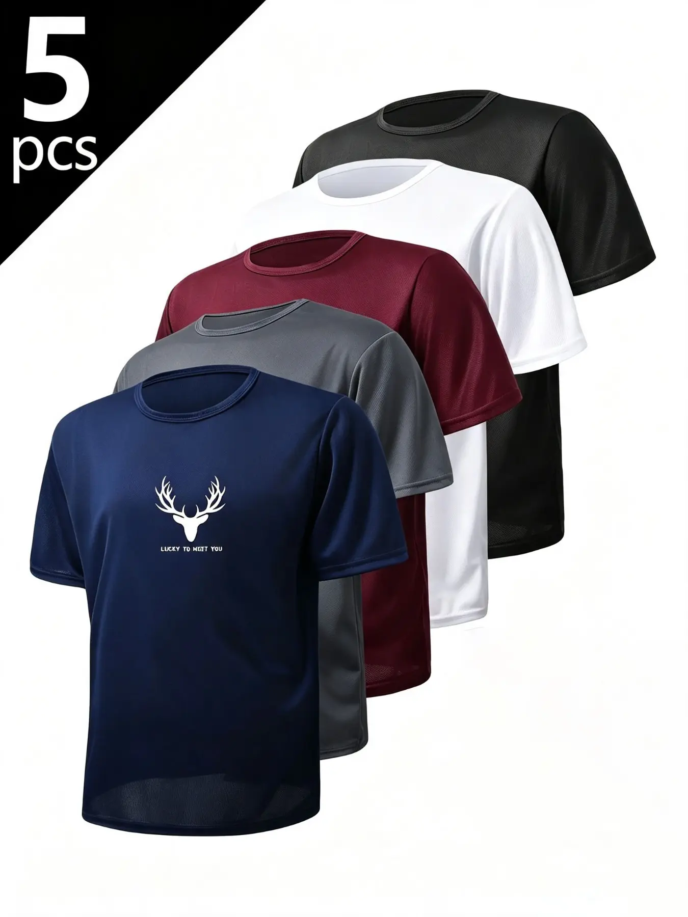 5-Pack Men's Printed T-Shirts, Loose Fit Quick-Dry Breathable Round Neck Short Sleeve, Sporty Casual Wear, Gym Training, Outdoor Running