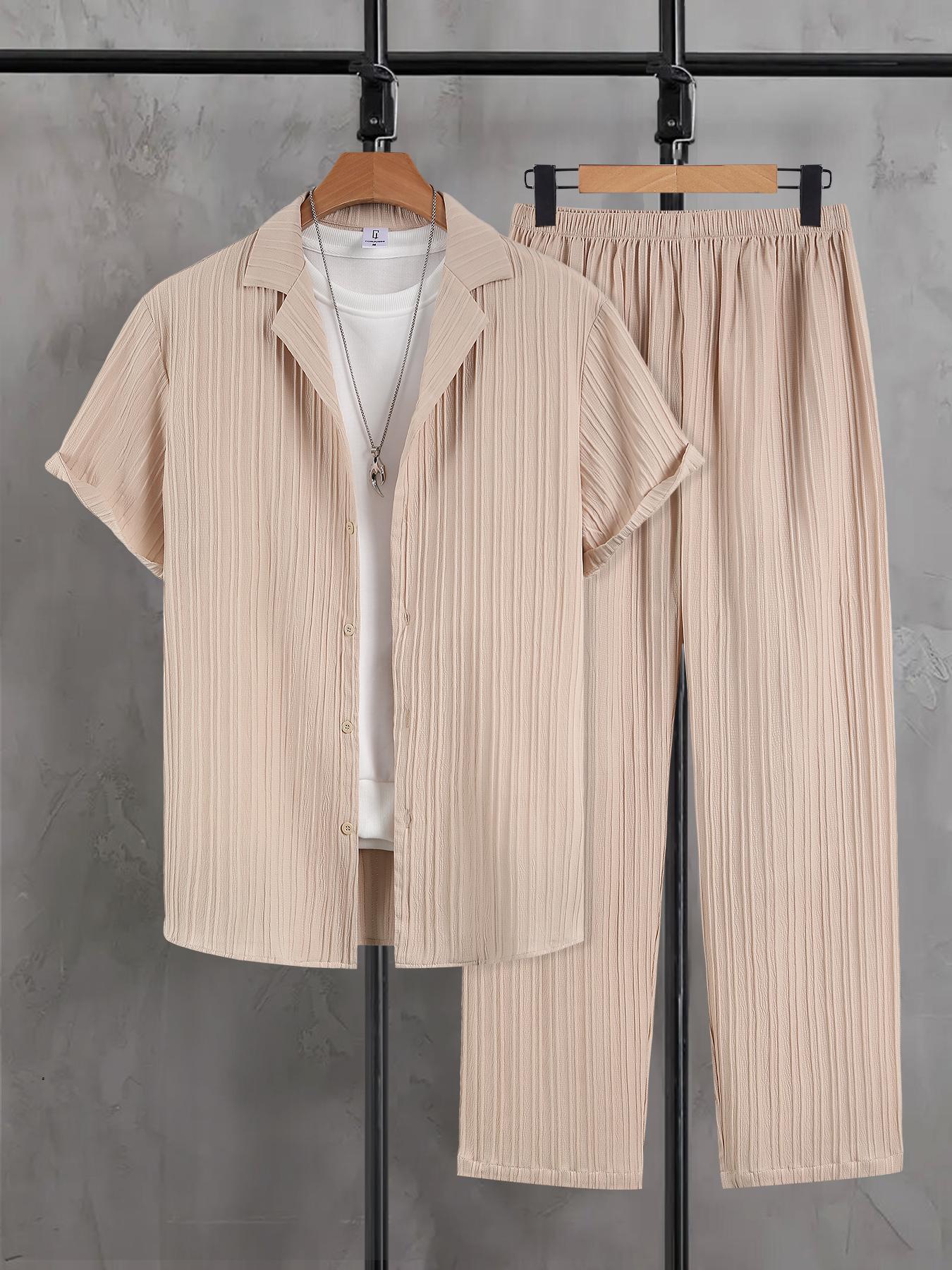 Men's Plain Textured Loungewear Set, National Day Offers, Casual Button Front Shirt & Elastic Waist Pants without Tee & Necklace, Men's Sleepwear for All Seasons