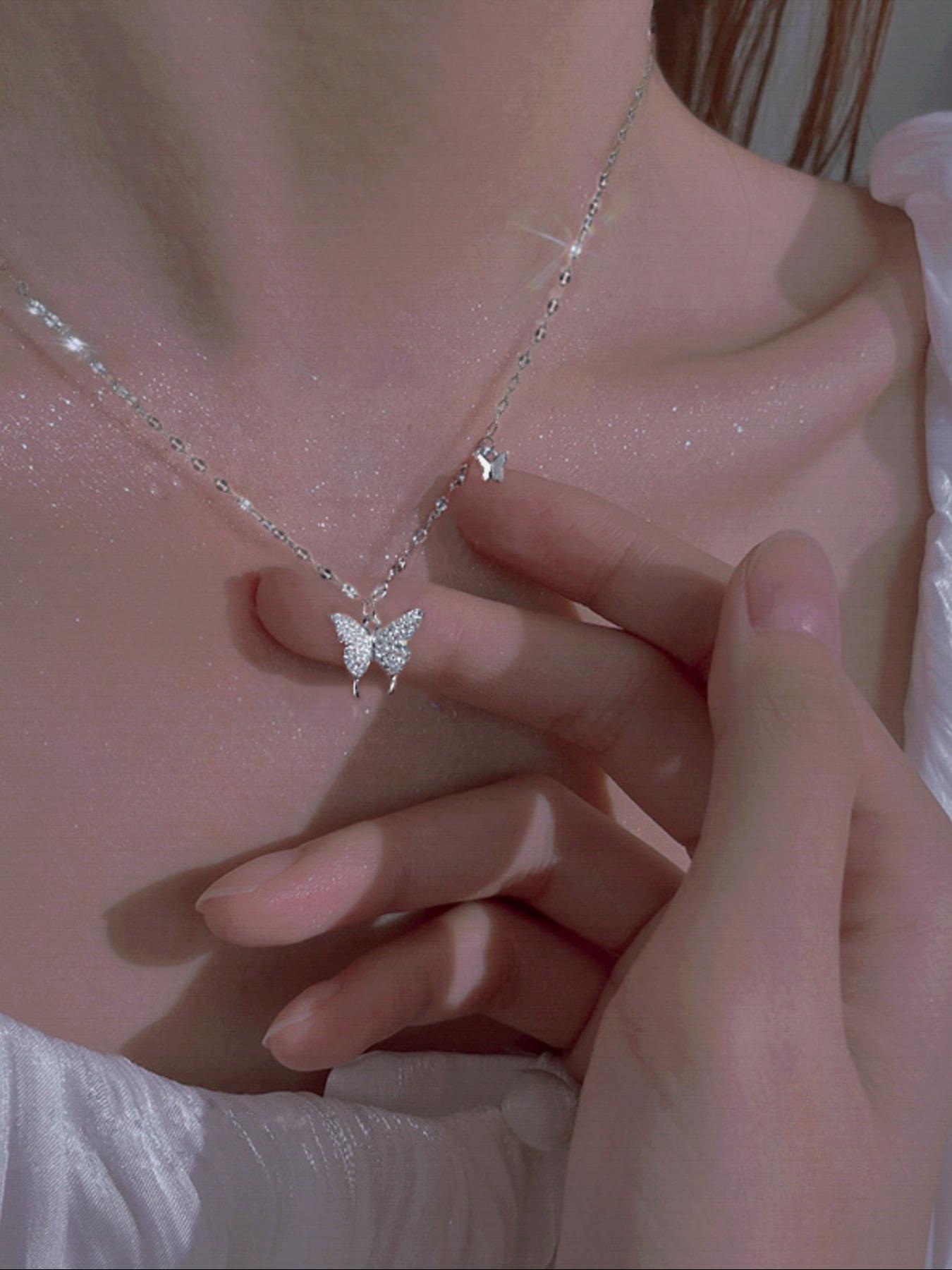 925 Sterling Silver Butterfly Design Pendant Necklace, Fashion Rhinestone Decor Necklace for Party, Daily Decor, Trendy All-match & Exquisite Jewelry for Birthday Gift