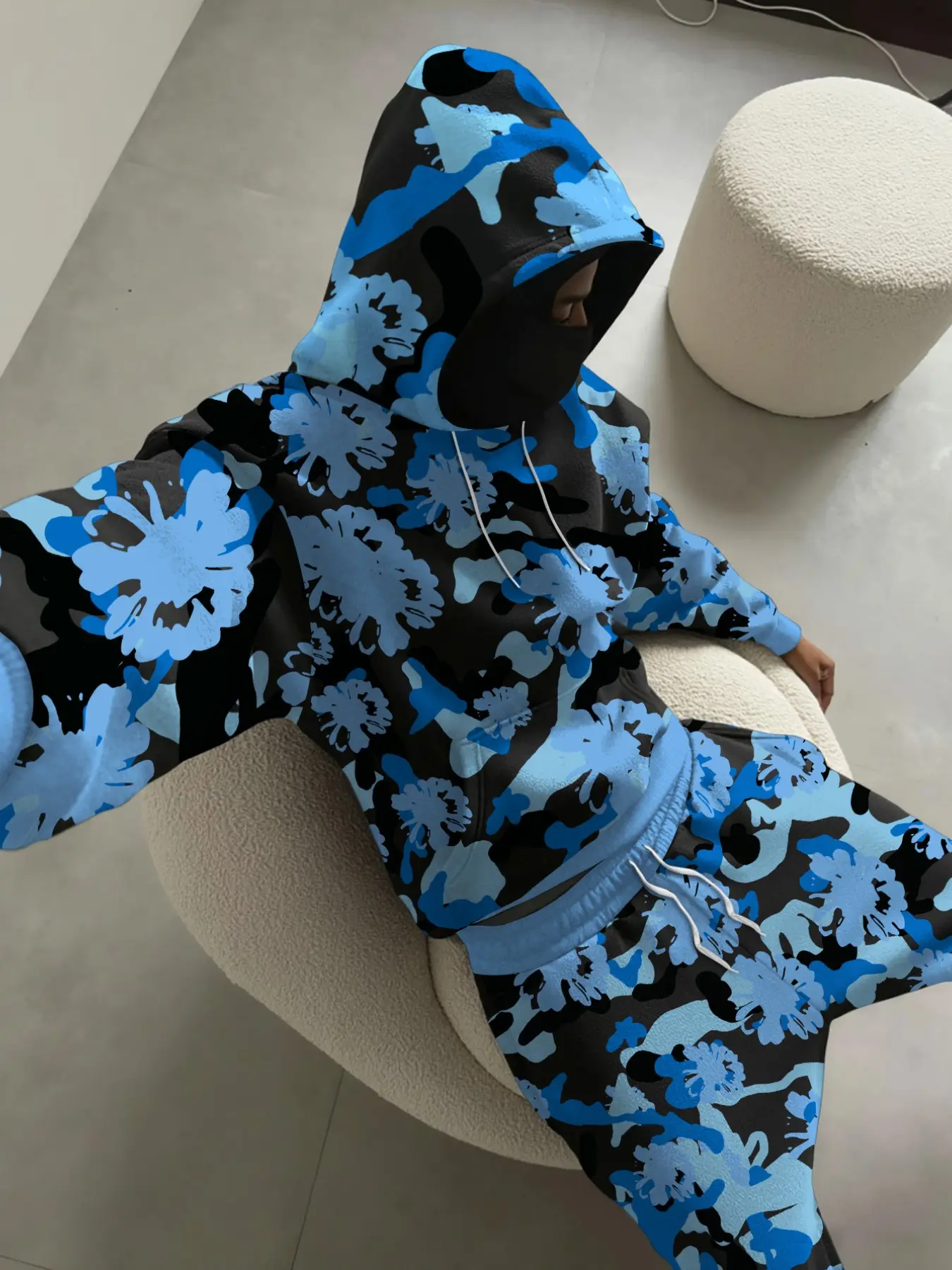 Men's Street Style Two-Piece Sports Set, Blue Floral Camo Print Hoodie + Wide Leg Sweatpants, Y2K Hooded Sweatshirt Set