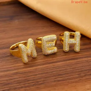 Adjustable Chubby Balloon Ring With 26 Alphabet Rhinestone Inlays, Elegant Trendy Finger Jewelry For Women Daily Styling