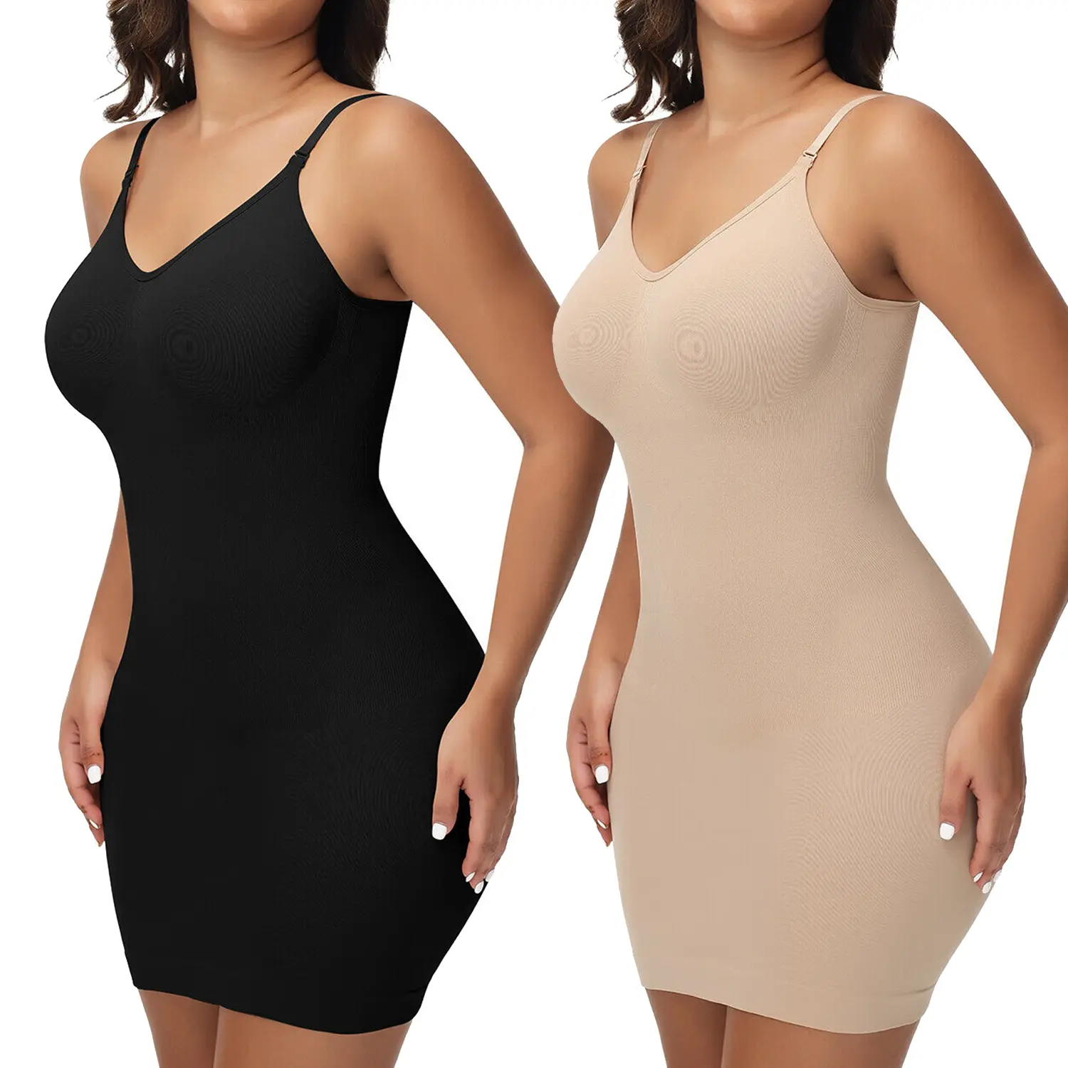 Women Shapewear Dress Full Slip Tummy Control Body Shaper V Neck Adjustable Spaghetti Strap