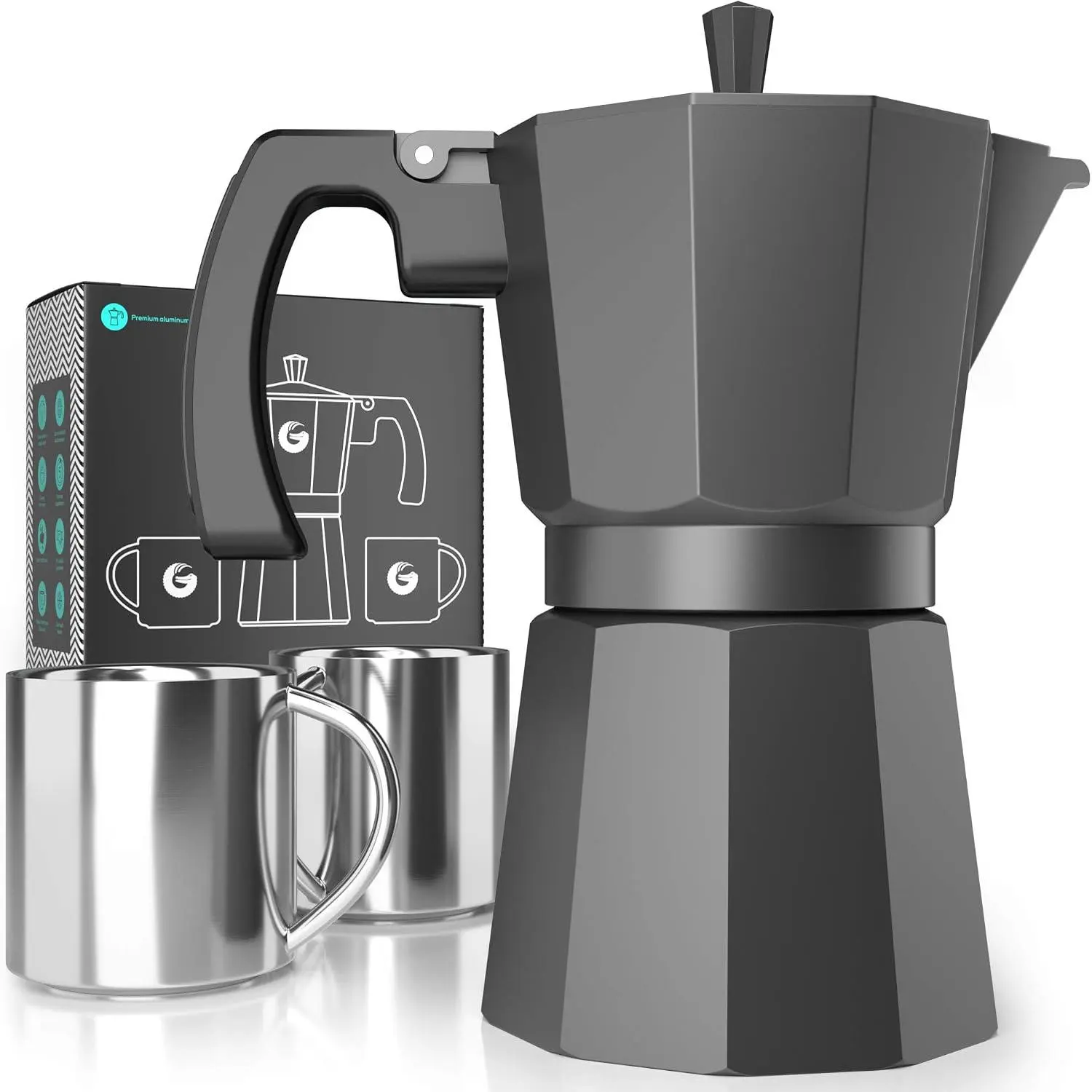 Moka Pot - 6 Cup, 12oz Stovetop Espresso Maker - Classic Italian and Cuban  Percolator w/ 2 Stainless-Steel Cups – Matte Grey , 360ml