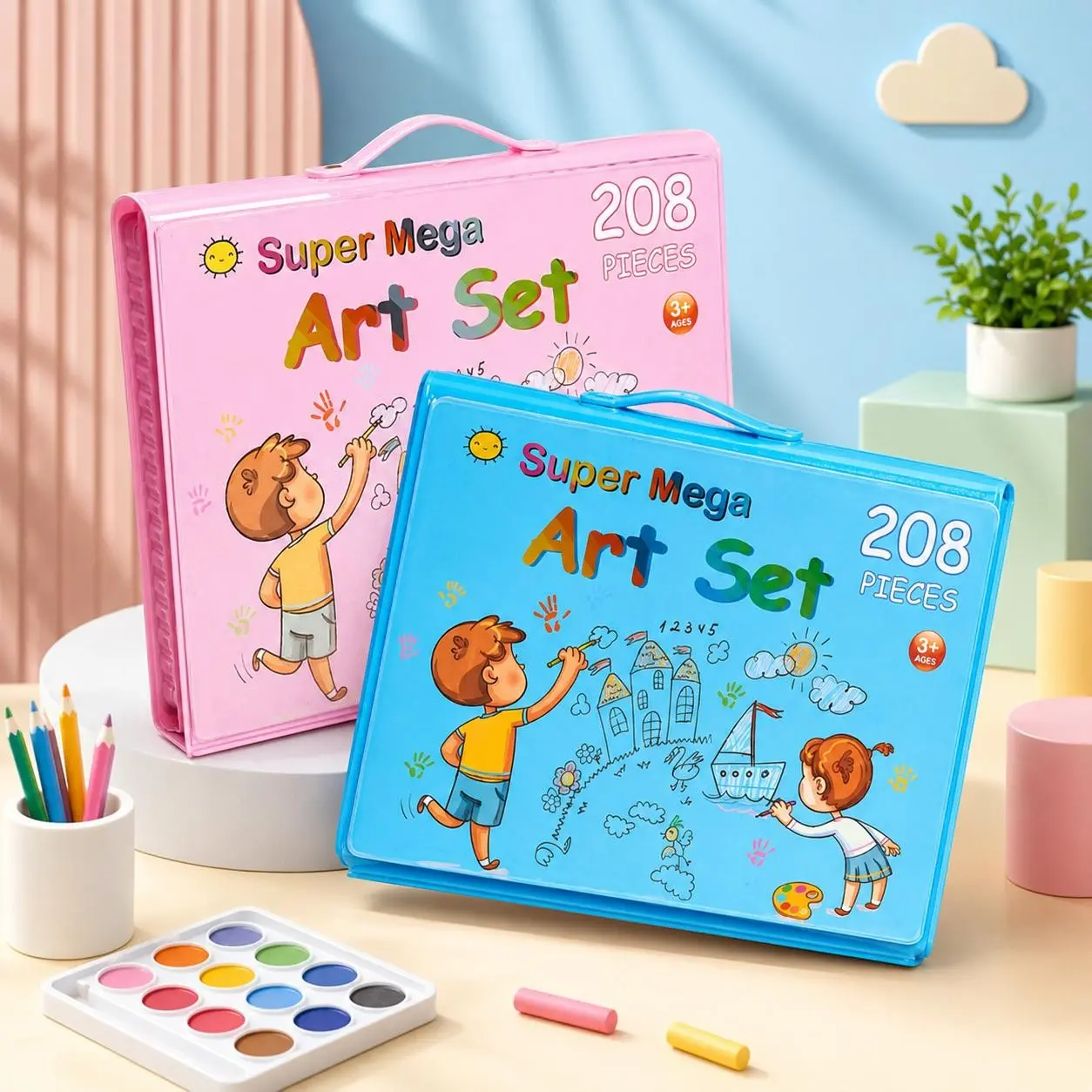 208pcs Art Supplies Kit with Easel, Artist Supplies Double-Sided Trifold Drawing Set for Girls Teens, Pink Art Case with Sketch Pads Crayons Colored Pencils Gift, Deluxe Art Set