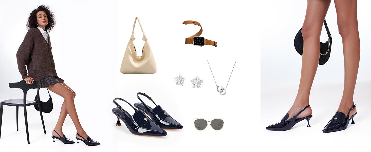 Coutgo Womens Pointed Toe Sandals Slingback Kitten Heel Pumps Slip On Ankle Buckle Dress Shoes