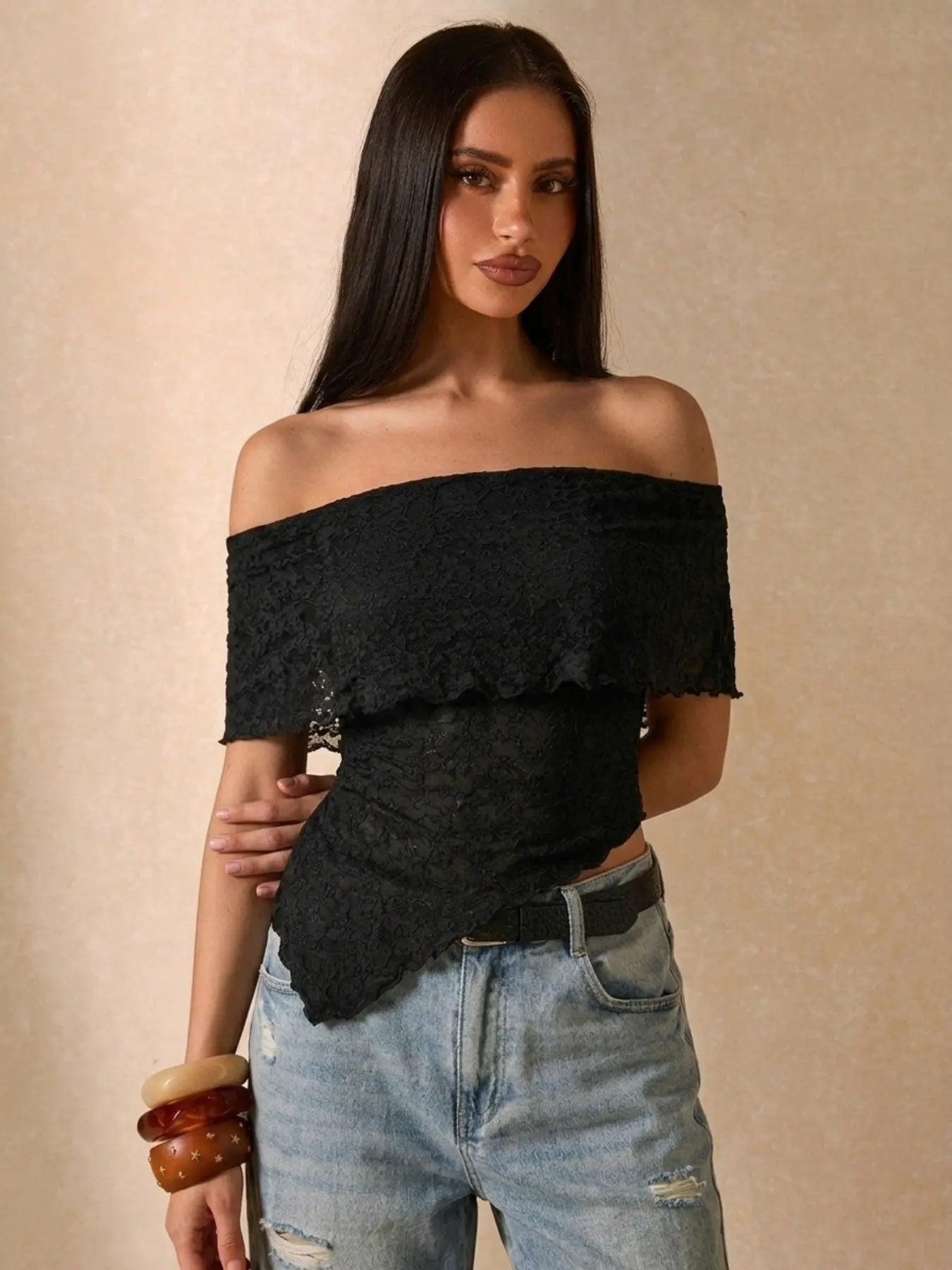 Women's Off-Shoulder Ruffled Lace Short Top, Floral Ruffle Sleeve Shirt, Asymmetrical Hem, Y2K Style, Summer Casual Wear, Boho Fashion
