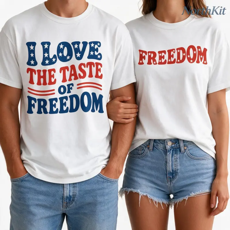Men's Patriotic Freedom Parody Graphic Couple Match Tee - Casual Menswear Crew Neck, Soft Loose Fit, Short Sleeve, Breathable, Reinforced Stitch, Minimalist Print, All Year Wear