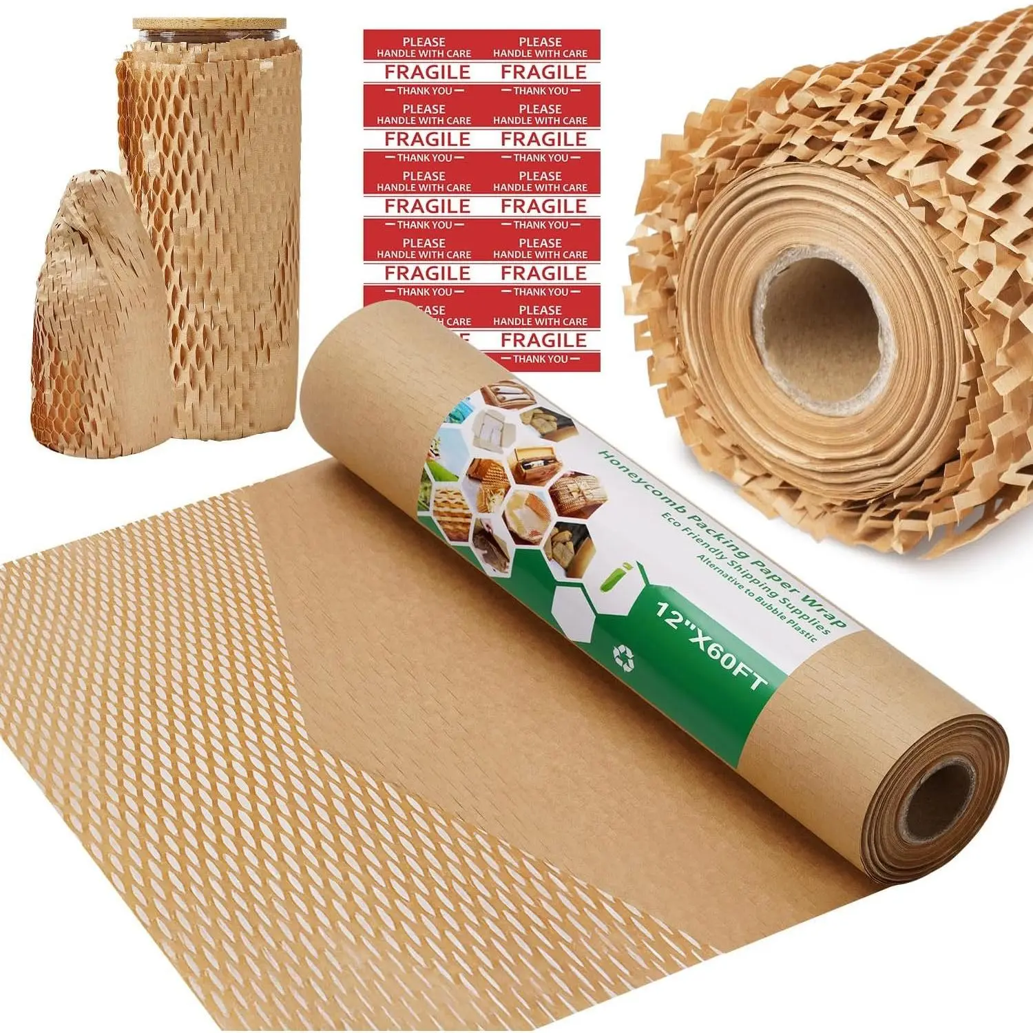 Packing Paper Wrap 12"x60' Recycled Bubble Cushioning Wrap Roll  Shipping Boxes Moving Wrap Packing Supplies Material with 10 Fragile Sticker Labels
