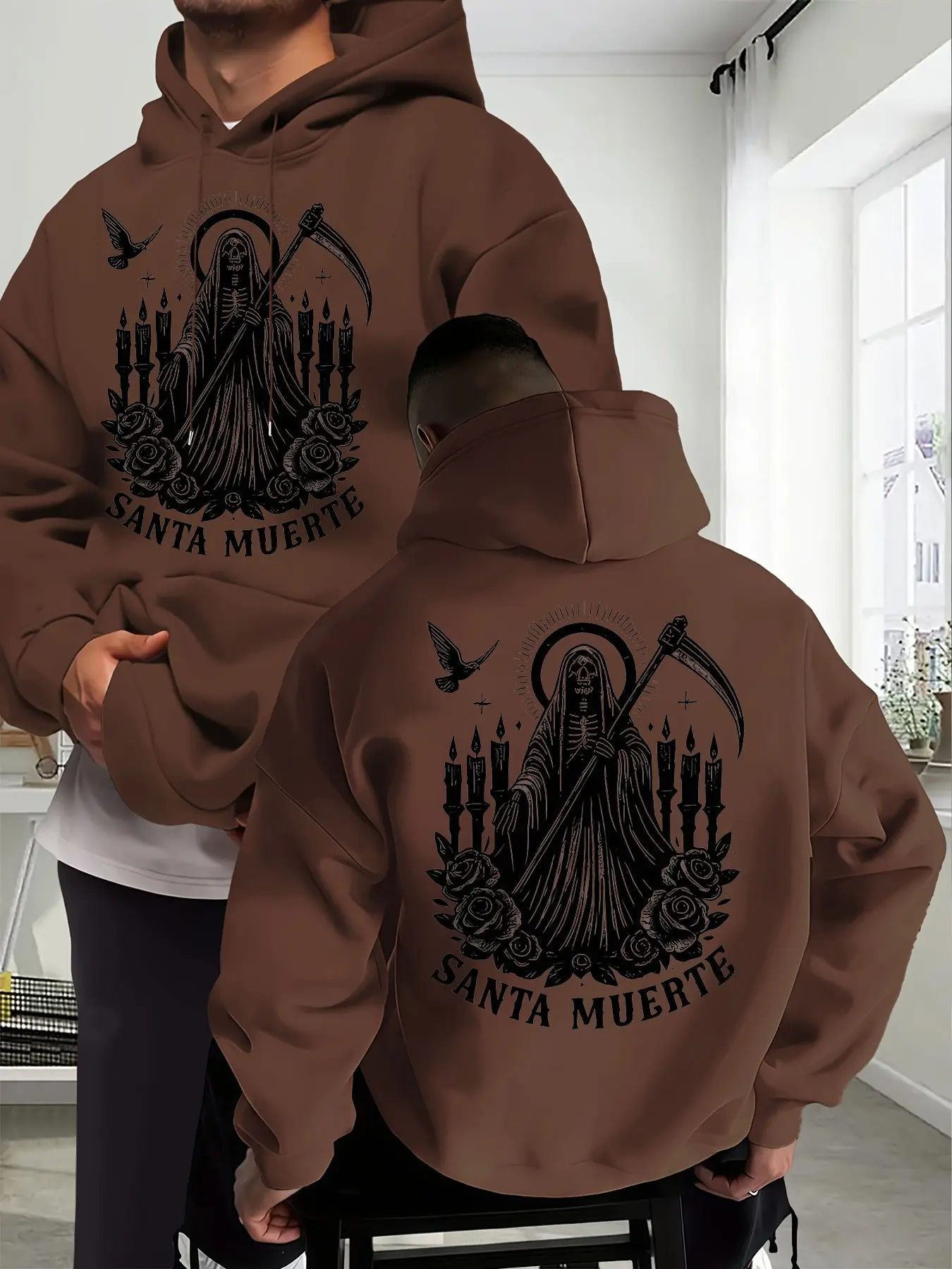 Men's Saint Muerte Skull Rose Print Hoodie, Loose-Fit Drawstring Pocket Sweatshirt, Casual All-Seasons Apparel, Comfortable and Stylish