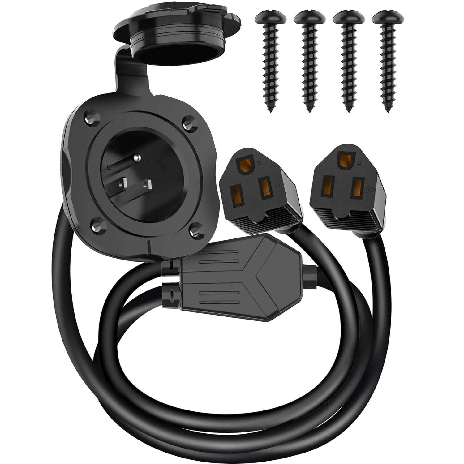 15 Amp AC Port Plug, 125V Power Inlet Socket with Waterproof Cover & Integrated Dual 18" Extension Cord, 2 Pole 3-Wire NEMA 5-15 Flanged Generator Inlet Plug for RV Boat Electrical Connections