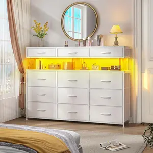 Tech-Enhanced Modern Dresser With Charging Hub & Ambient LED Lighting And 12 Customizable Fabric Drawers With 10MM Protective Acrylic Surface,White