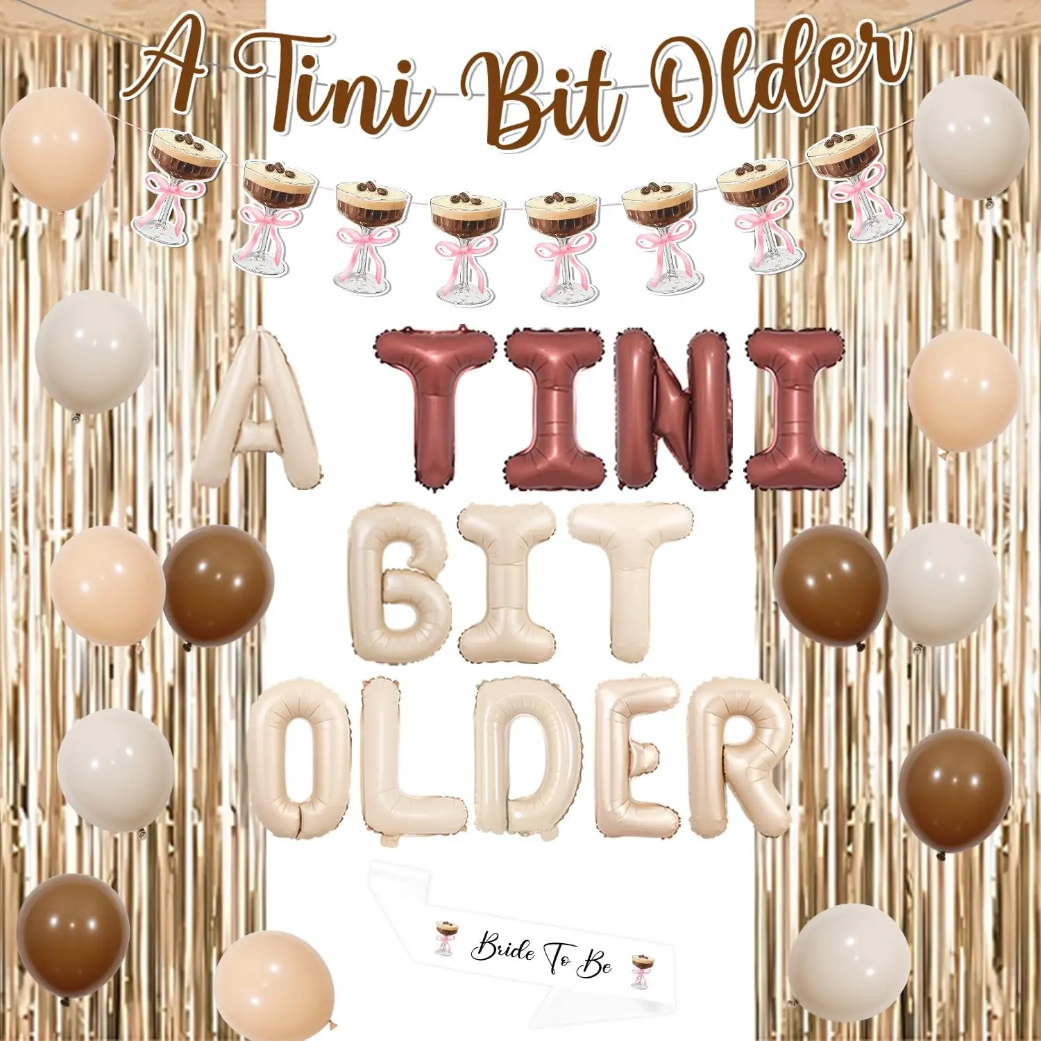 1Set Espresso Martini Themed Tiny Bit Older Birthday Party Decor Kit - Coffee Party Supplies for Women, Letter Balloons, Colorful Balloons Assortment, Bride-To-Be Strap, Gold Foil Curtain, Marquee Letter Backdrops & Banners
