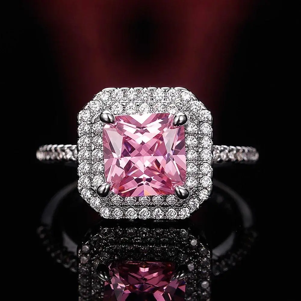 Style Pink Sparkling Zircon Princess Square Engagement Ring for Ladies and Girlfriends Luxury Proposal  Gift Fashion Jewelry vintage court promise