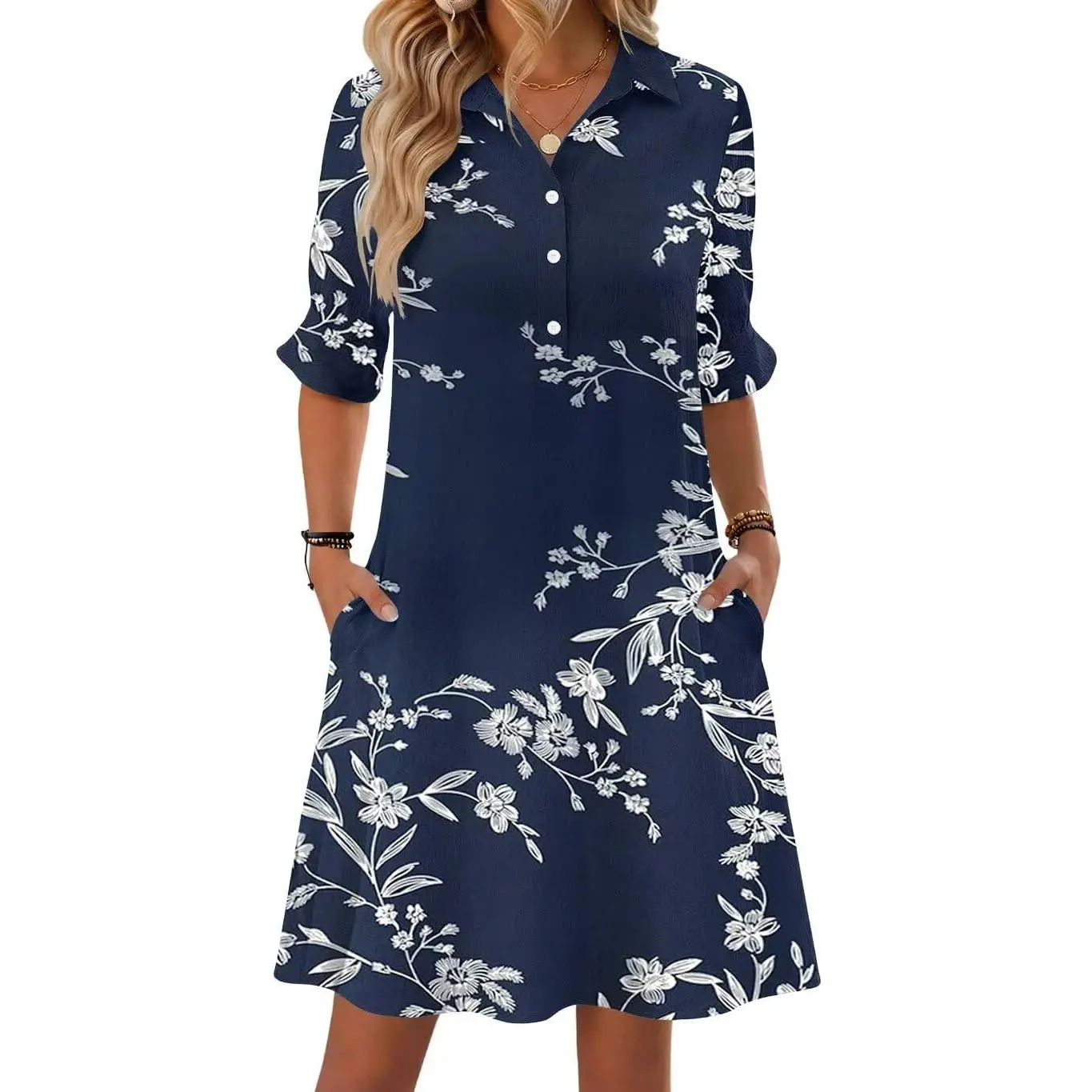 Womens Casual Dress V Neck Short Sleeve Shift Dresses with Pockets