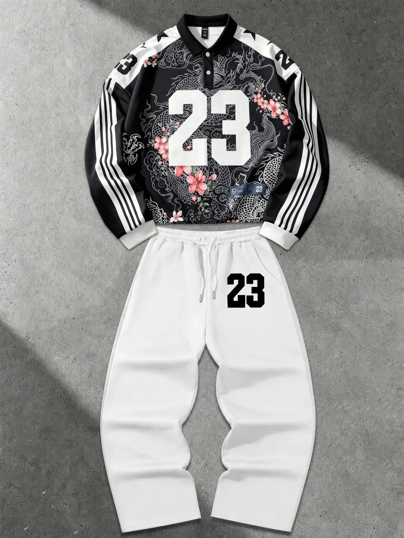 Men's Y2K Streetwear Tracksuit Two Piece Set Oversized Japanese Dragon Sakura Print Long Sleeve Polo Jersey Sweatshirt and Drawstring Wide Leg Sweatpants Outfits for Hip Hop Daily Casual Wear