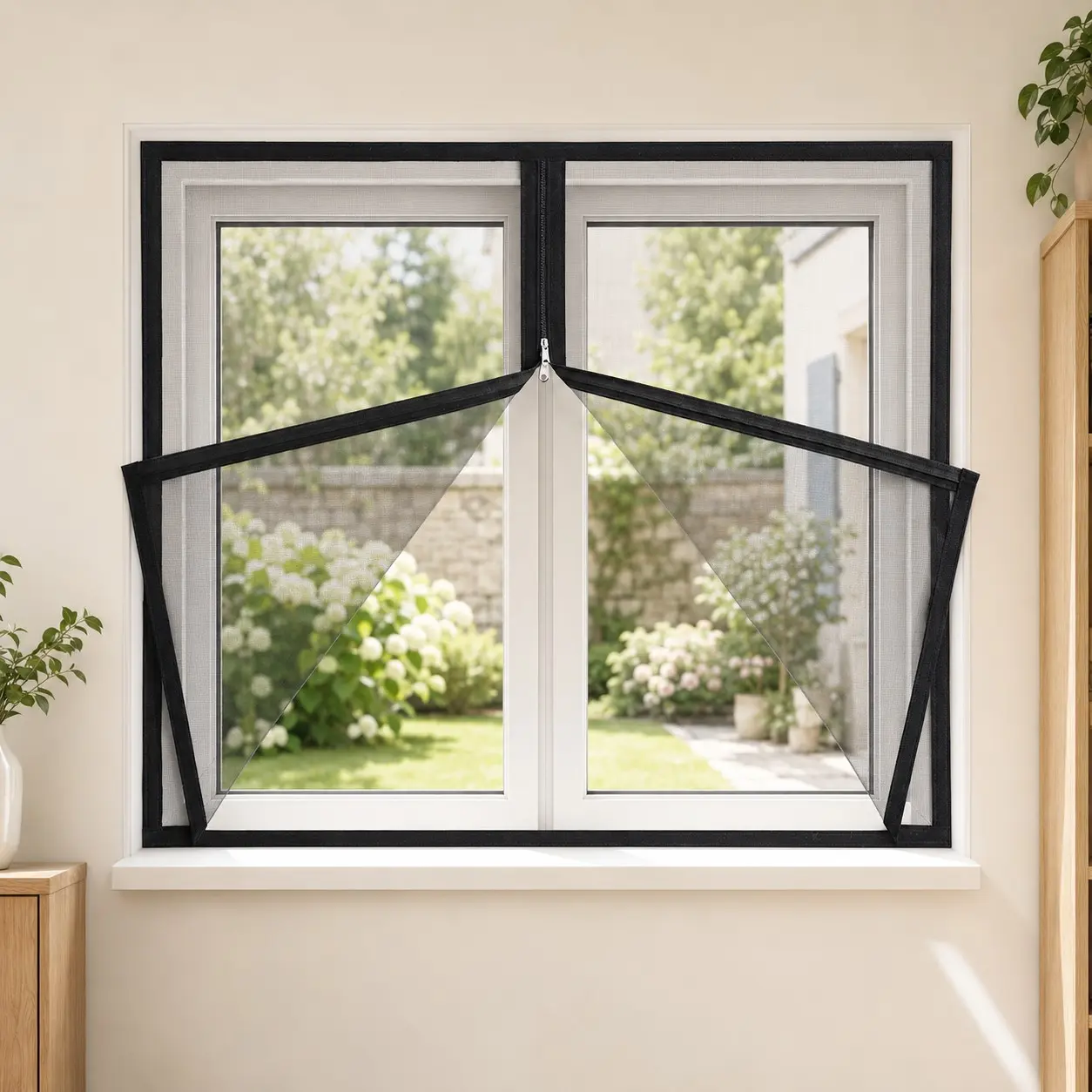 Self-Adhesive No-Drill Installation Zipper Mosquito Screen, Removable Breathable Insect Proof Window Mesh, Suitable for Bedroom Kitchen Living Room Windows
