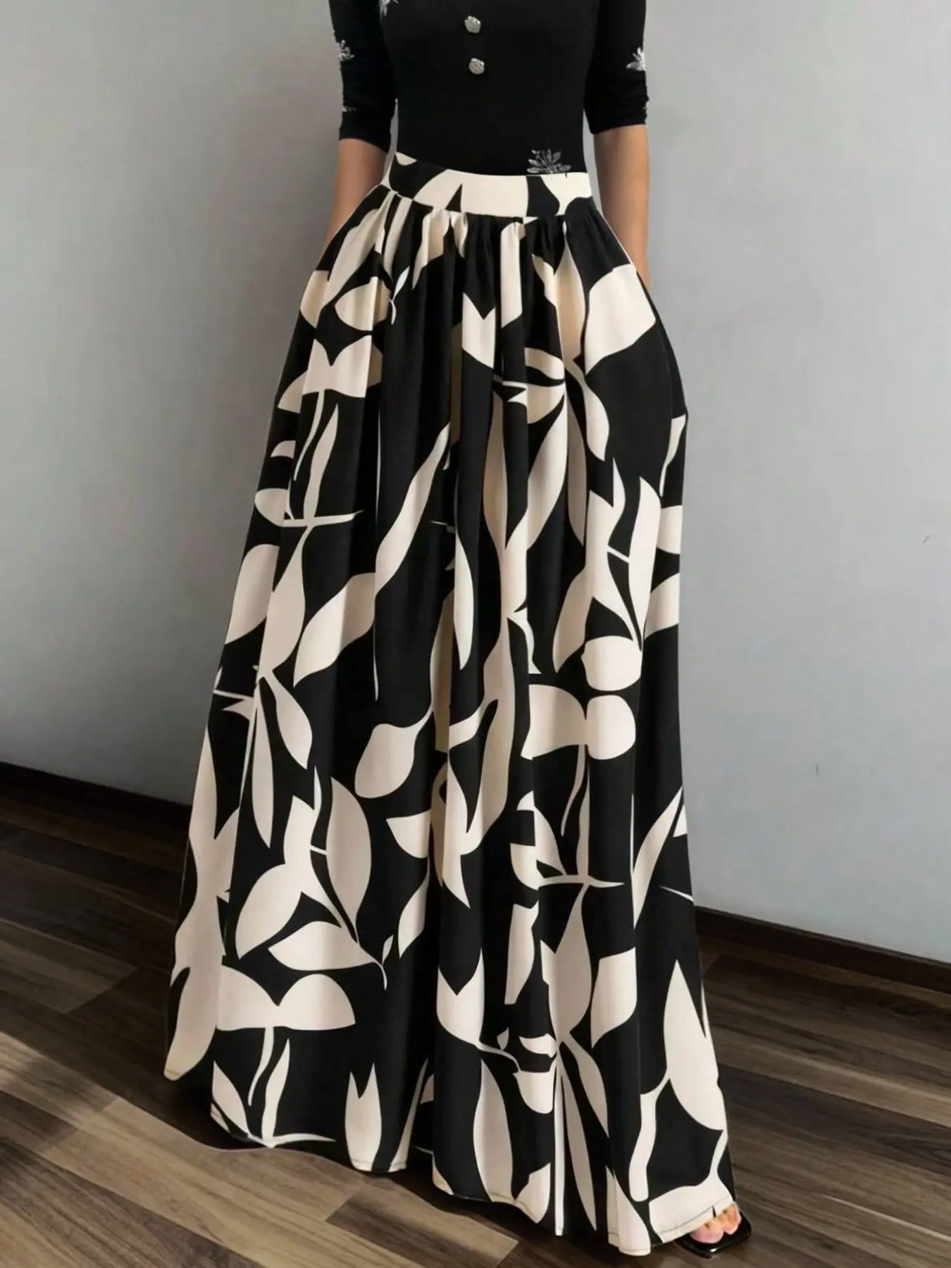Artistic Abstract Leaf Print Midi Skirt, High Waist A-Line Design, Elevates Height, Perfect for Vacation, Casual, and Commute Wear, Maxi