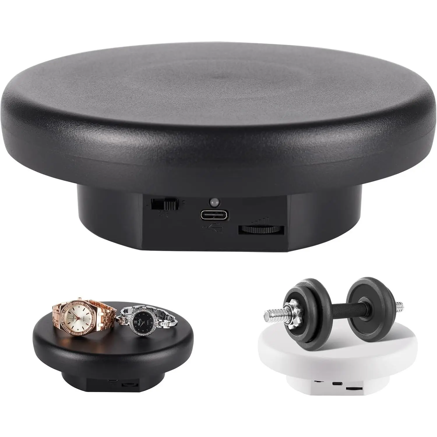 6.3in Plastic Base Motorized Spin Platform, 360° Electric Rotating Stand with Type-C Cable, 15lb Capacity Switch-Controlled Holder for Jewelry Display, Artwork (Black)