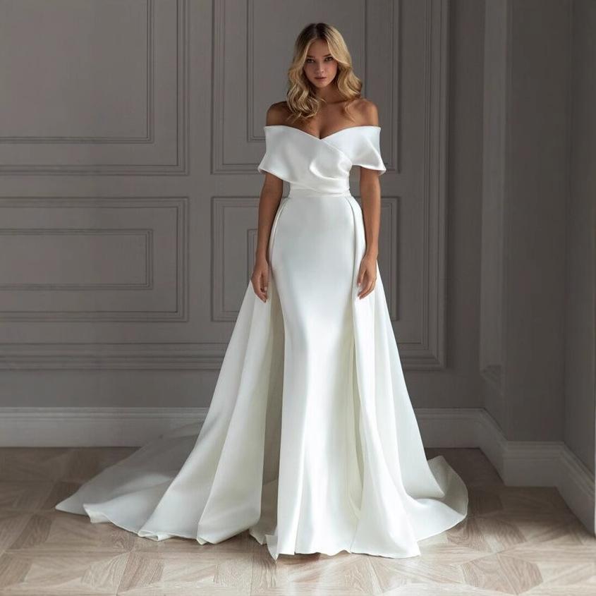 2026 New Light Wedding Dress, Off-the-Shoulder, Slim-Fit, Elegant, Body-Shaping, Sexy White Train Evening Dress for Women