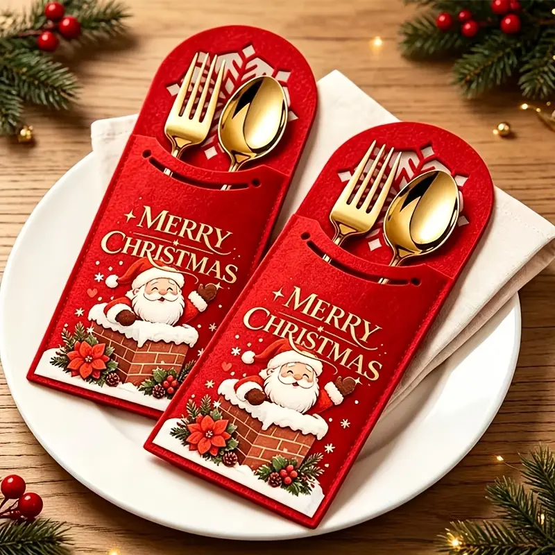 10/20/30Pack Thick Felt Red Christmas Silverware Pockets, Decoration, Festive Cutlery Storage Bags, Holiday Tabletop Ornament, Great for Xmas Family Dinner, Dining Table Layout & Christmas Party Table Setting Decor
