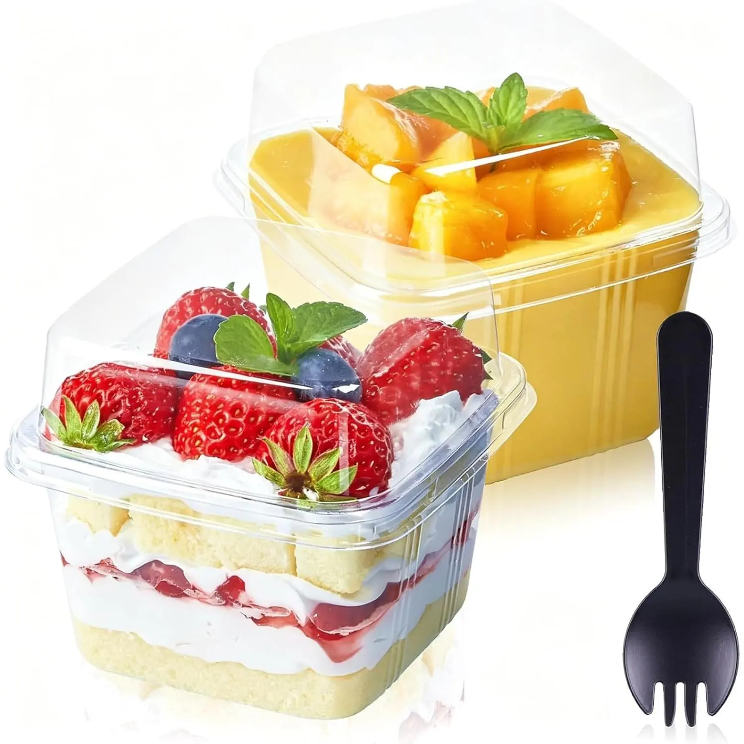 8 oz Square Plastic Dessert Cups with  and Sporks, 50ct | Clear Plastic Yogurt Parfait Cups, Cake Cups, For Mousse, Fruit, Banana Pudding
