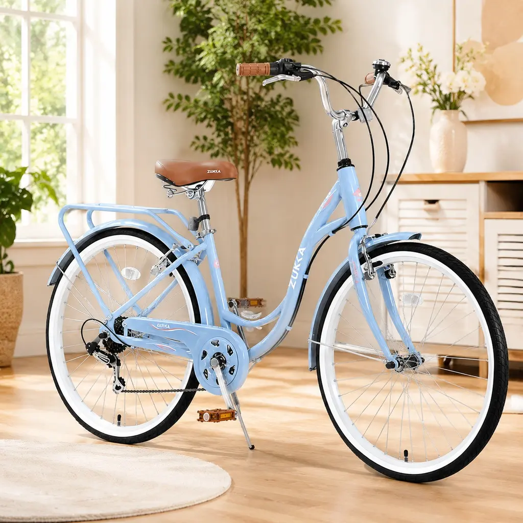 24 Inch Ladies Comfort Bike 7 Speed Steel Frame Step-Thru City Cruiser Bicycle for Women Commuting Leisure Riding, Multiple Color Options (Blue, Beige, Green, Yellow)