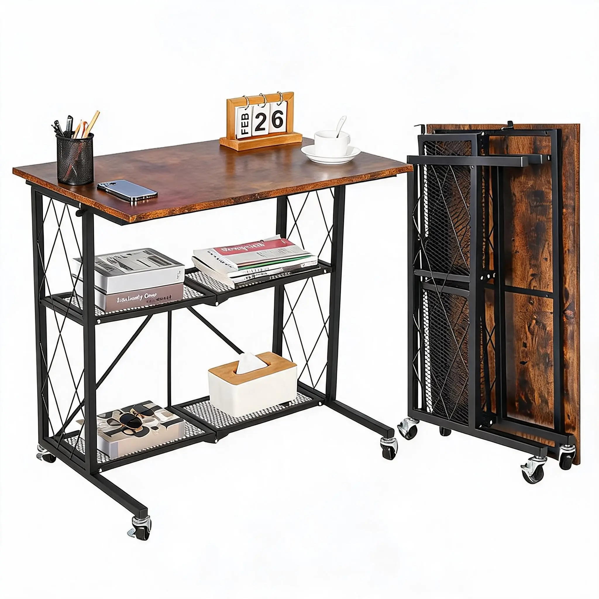 31.5" 3-Tier Rolling Foldable Desk with Wheels, Large Capacity Metal Shelf Rack, No-Assembly Organizer for Home & Office