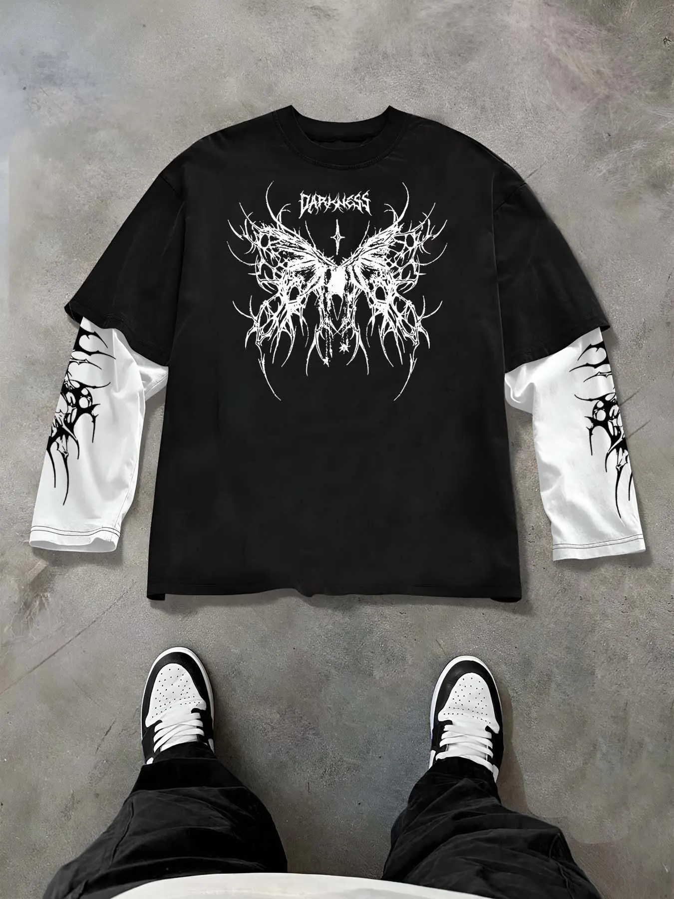 Men's Dark Butterfly Gothic Long Sleeve T-Shirt, Y2K Grunge