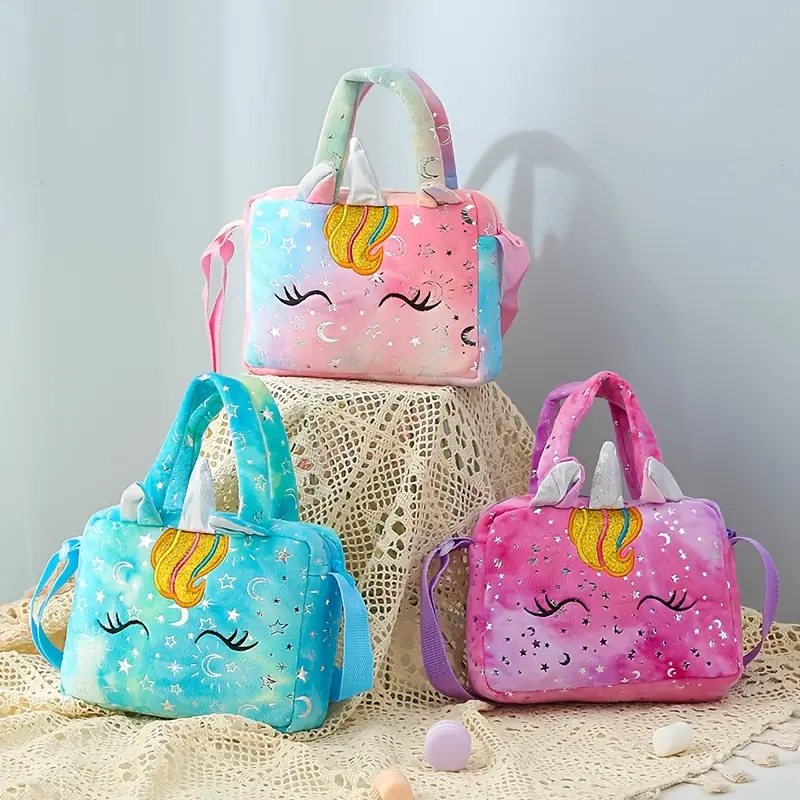 Unicorn Tie-Dye Plush Shoulder Bag, Colorful Girl Crossbody Bag, Cute Shoulder Storage Bag, Squint-Eyed Small Square Bag, Princess Gift, For Teenager