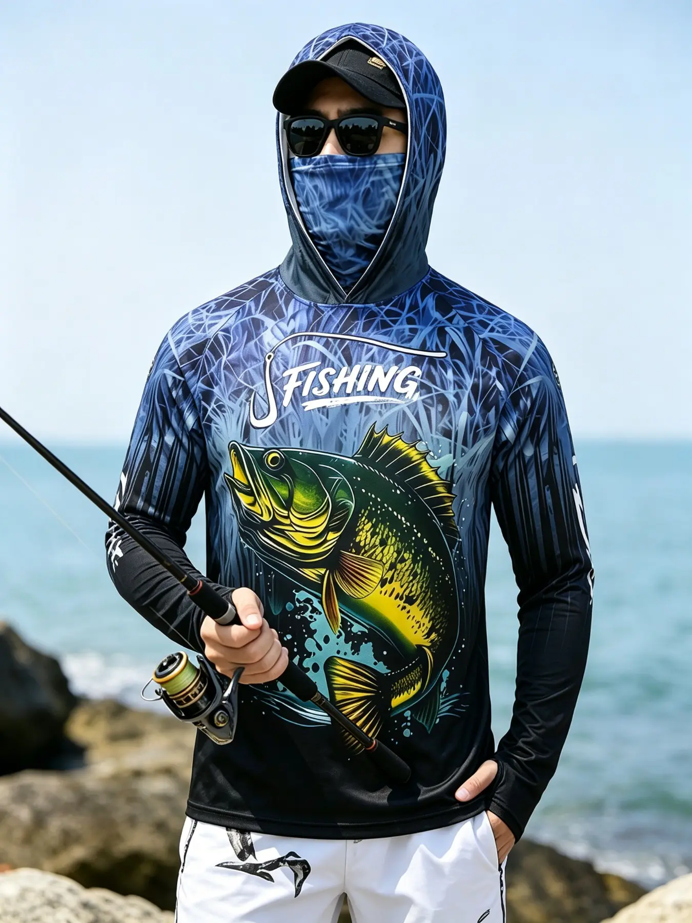 Mens Saltwater Offshore Fishing Jersey ，Men Hooded Long Sleeve Fishing Shirt With Attached Face Cover Bass Fish Print High Stretch Quick Dry Moisture Wicking Breathable Thumb Hole Outdoor Saltwater Offshore Fishing Jersey Outdoor Fishing Clothing