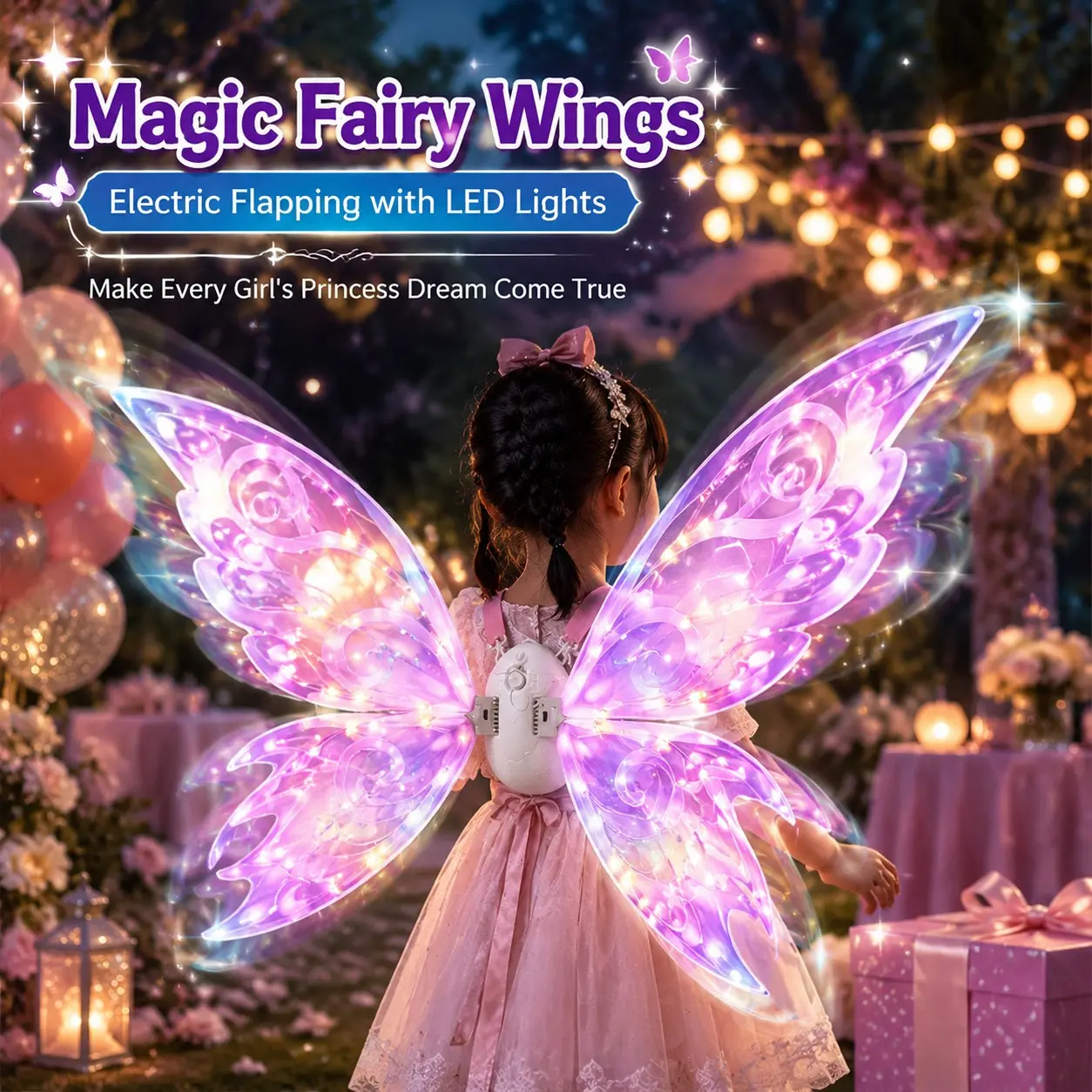 Electric fairy wings and princess wand for girls, princess dress-up set, butterfly wings with LED lights and music, a children's toy and role-playing gift suitable for Halloween, birthdays, Christmas parties, and other occasions.