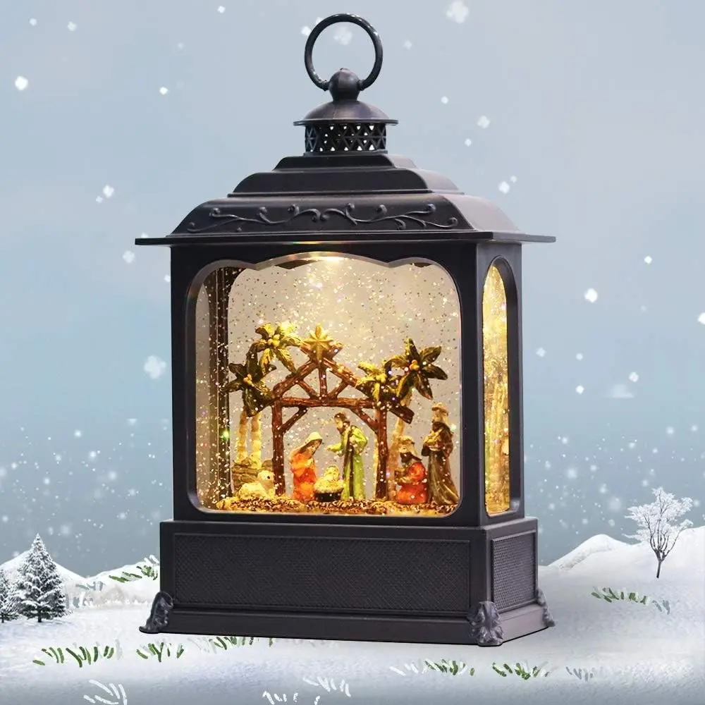 Nativity Musical Lighted Water Lantern Christmas Snow Globe with 6 Hour Timer, Battery Operated & USB Powered Singing Swirling Glitter Snow Globe Lantern Christmas Holiday Home Decor Gift(11”)