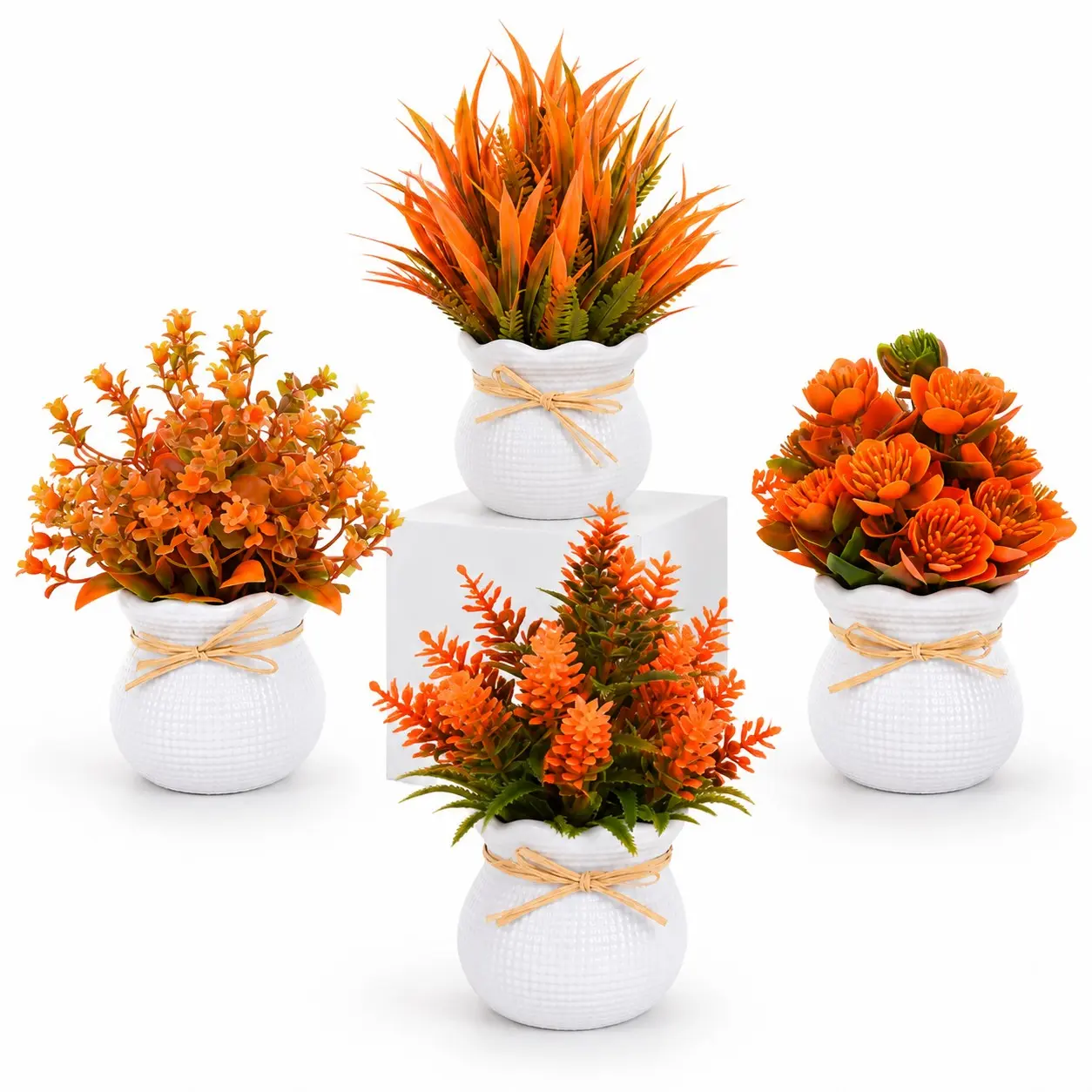 4pcs Autumn Artificial Flower Pots, Desktop Decor, Low Maintenance Fake Plants, Plastic Flowers, Thanksgiving Pumpkin Style, Table Entry Accent