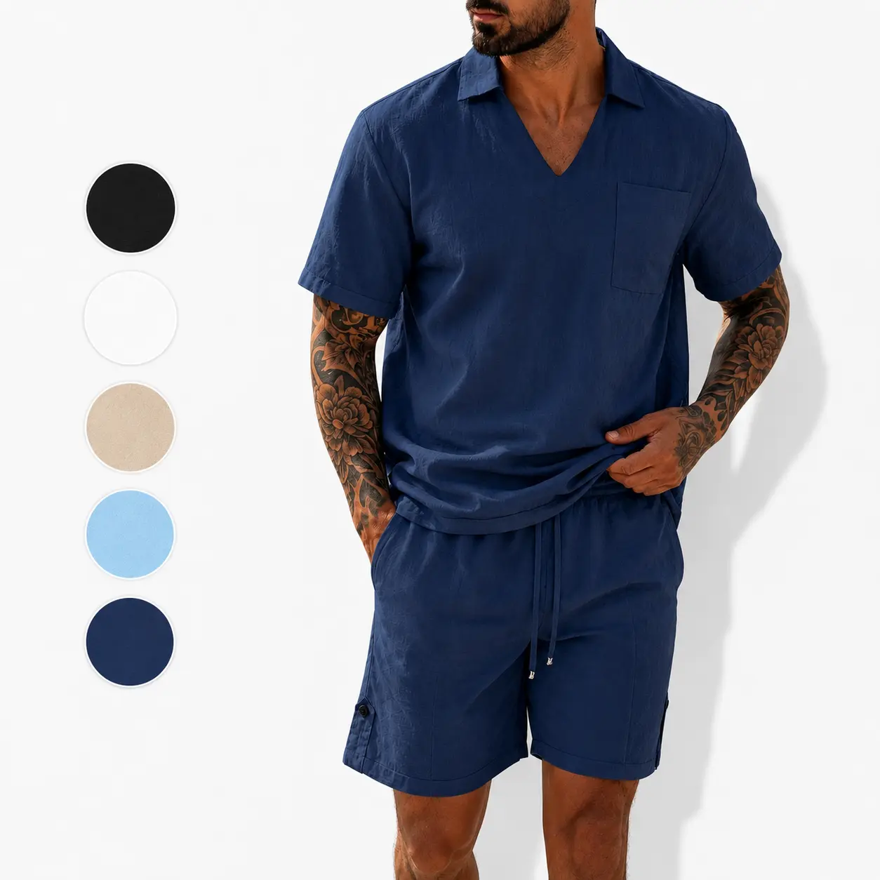 Mens 2-Piece Cuban Collar Linen Fabric Outfit - V-Neck Shortsleeve Shirt & Drawstring Waist Regular Length Shorts, Casual Loungewear Menswear, Plain