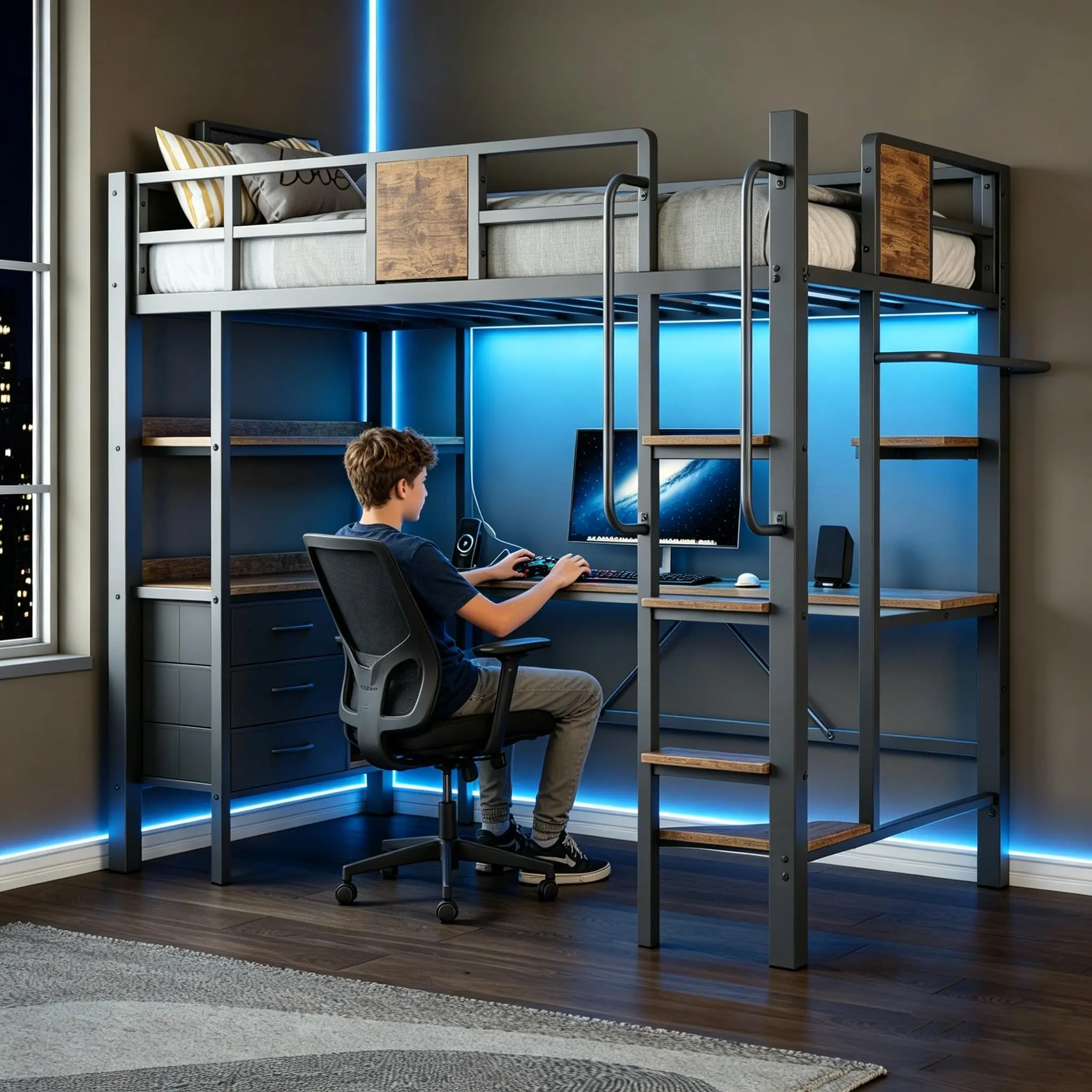 Space-Saving Twin Loft Bed with Desk and Stairs, 3 Fabric Storage Drawers, 2 Open Shelves, RGB LED Lights, USB Charging, Heavy Duty Metal Frame – Perfect for Kids & Teens