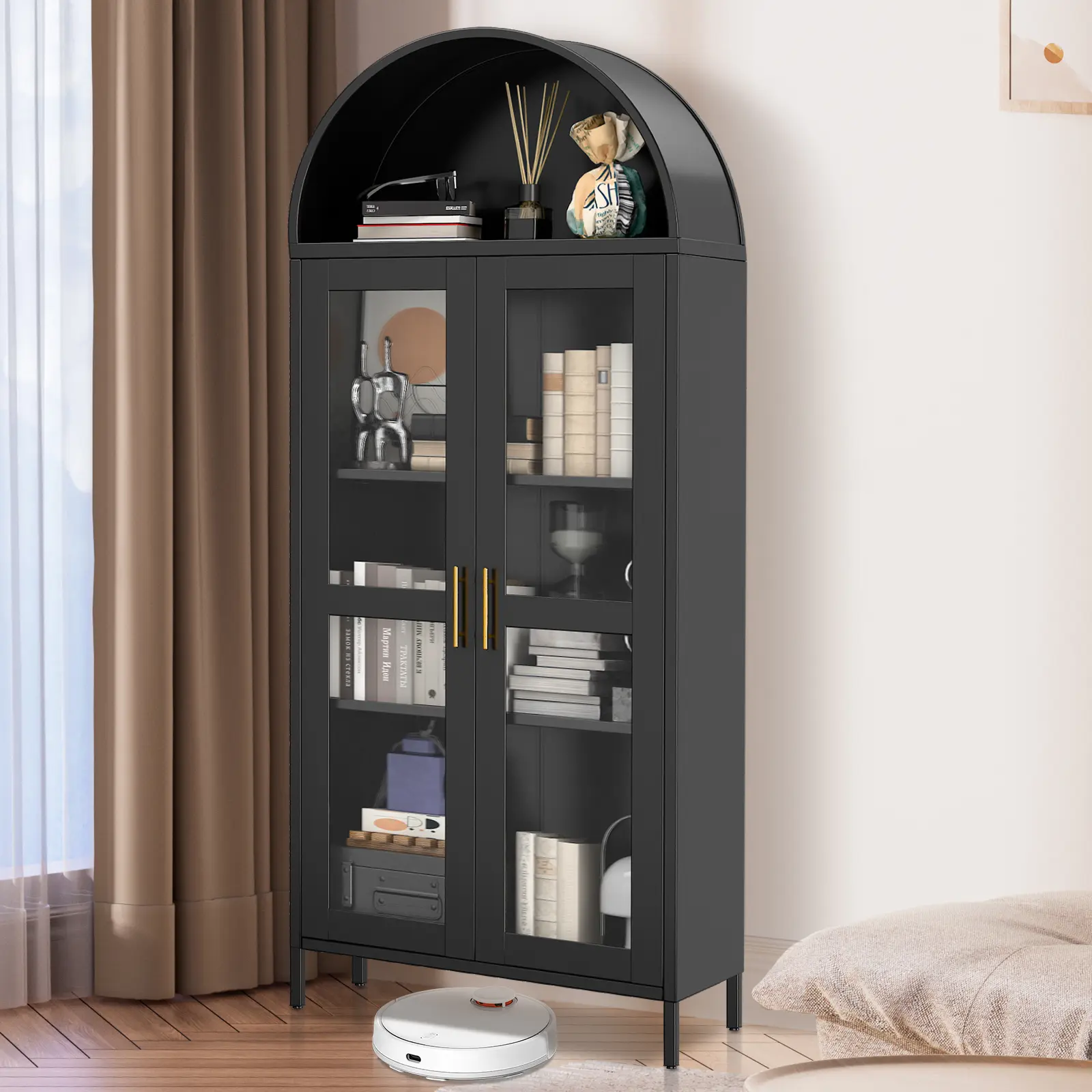 73" Tall Black Arched Metal Storage Cabinet with Clear Glass Doors and Adjustable Shelves, Decor Display Bookshelf Cabinet for Living Room, Kitchen & Home Office
