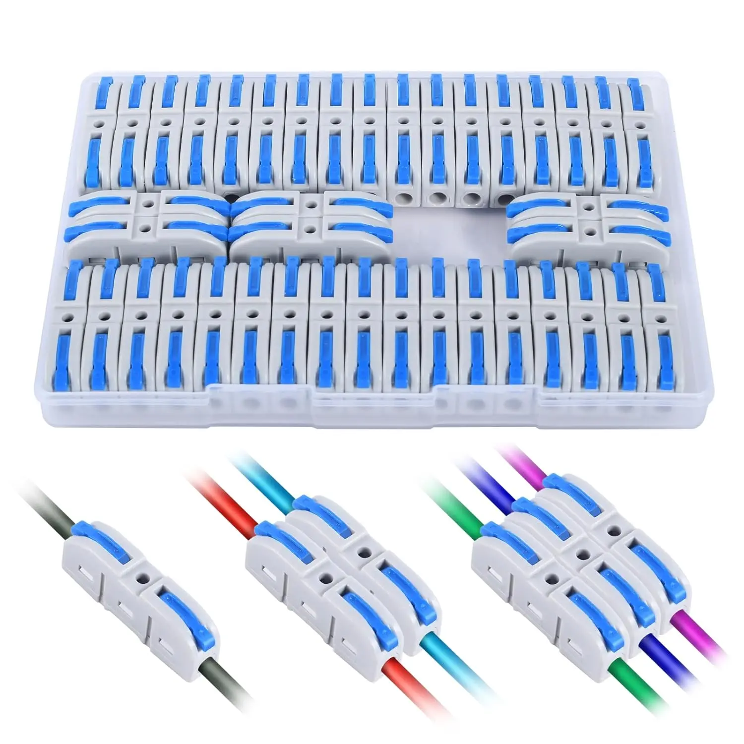 Copper Lever Wire Nuts Connectors Quick Connect Kit, 0.1~4mm²/AWG28-12 1-In-1-Out Blue Push-In Inline Splicing Terminals with 1 Test Hole, Reusable PC Insulator, Tool-Free, High-Temp Resistant, Aging Resistance, Convenient Inspection for Decorative Wiring