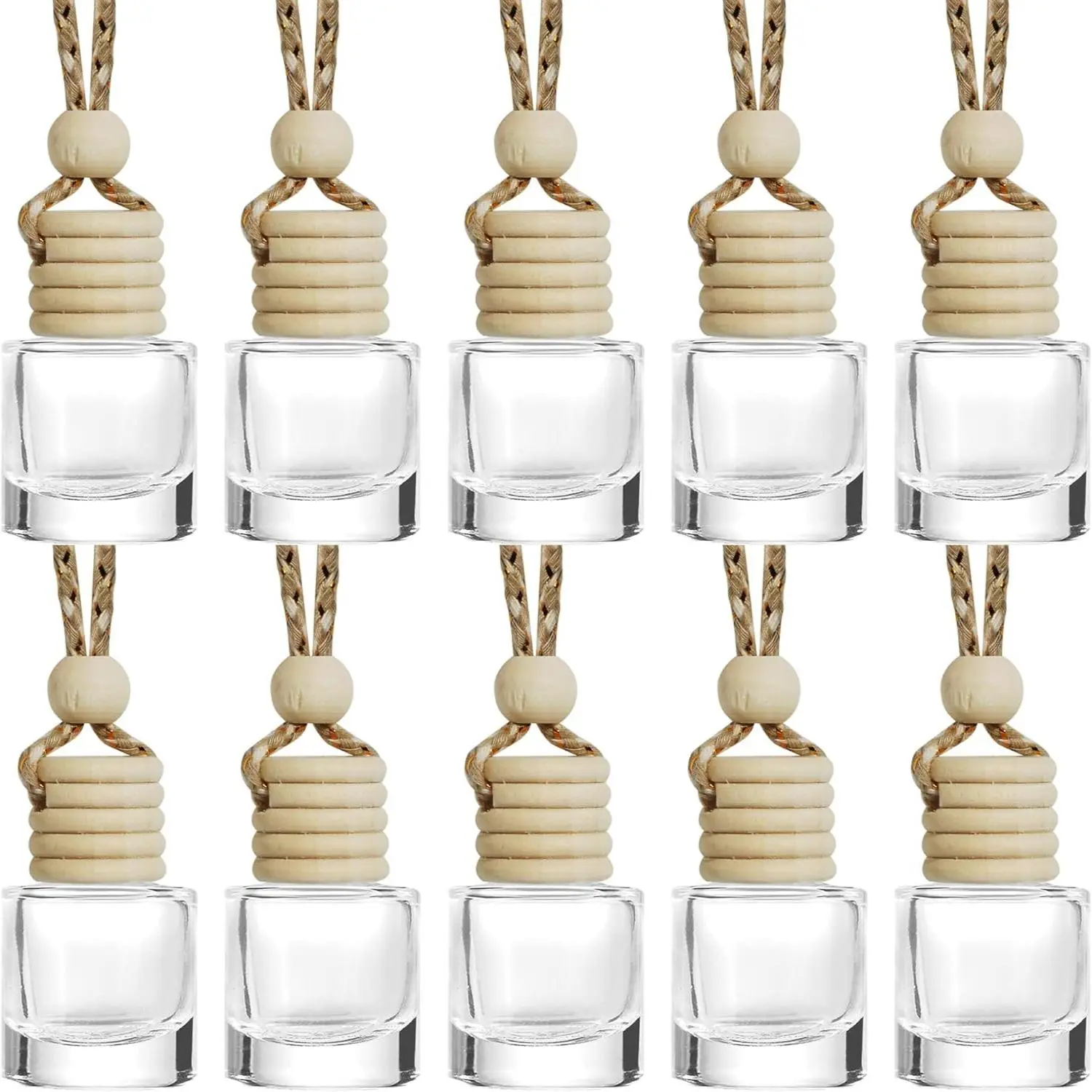 10 Pcs Car Diffuser Bottle Set with Wooden Caps,Dropper and Funnel, Empty Glass Car Air Freshener Bottle Bulk Hanging Essential Oil Fragrance Pendants for Car Decor，Can DIY Car Air Freshners Diffuser, Car Diffusers for Essential Oils