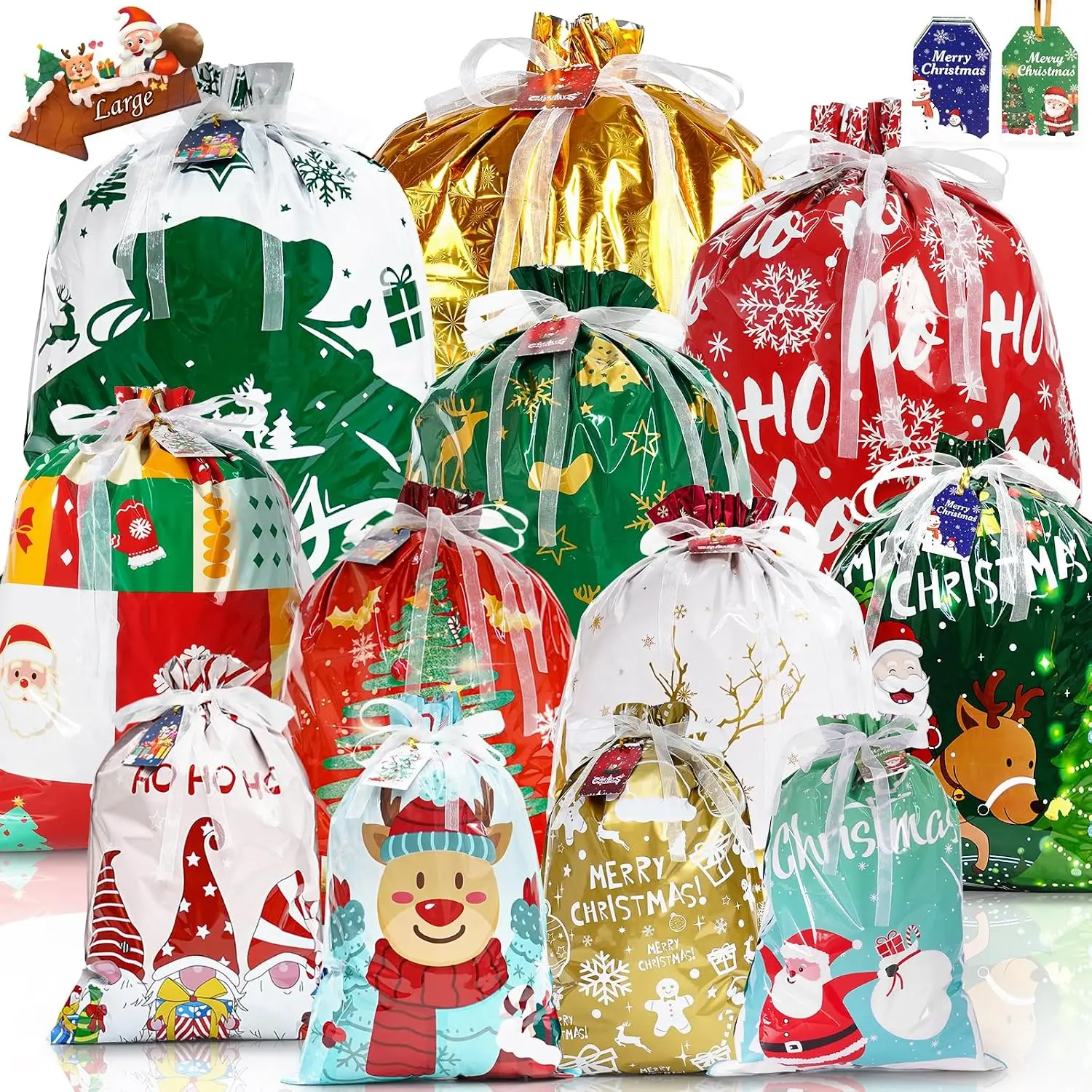 24 count Christmas Drawstring  Bags, Xmas  Bags for Presents |  Holiday  Wrap Bags Bulk with Tags, Large Medium Small Christmas Bags  for Party, Holiday, Birthday
