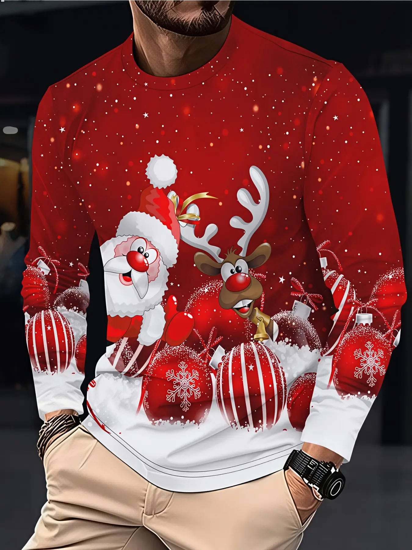 Festive Christmas Men Long Sleeve T-Shirt, Cute Santa Reindeer Christmas Bauble Snowflake Print, Fashion Holiday Outfit For Xmas Gathering Family Party Daily Casual Wear, Popular Winter Men Clothing