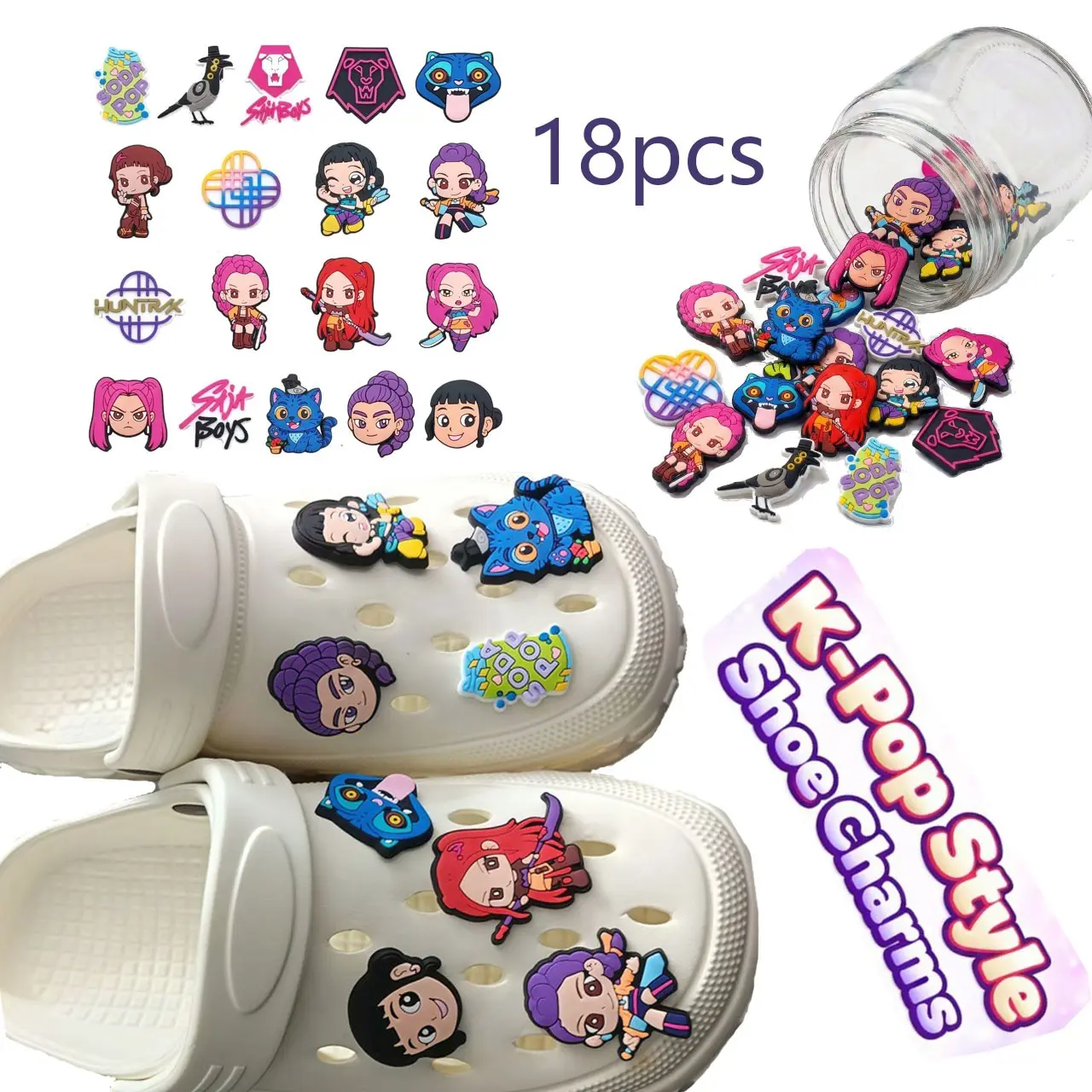 18pcs Cartoon Devil Hunting Girls Shoes Decoration Accessories Set,Fun DIY Anime Girls' Decorative Shoe Clips,PVC Material Shoe Accessories,Cute Cartoon Clogs Decorations,Unique Fashion Gift For Fans,Suitable For Casual Clogs,Slide Clogs,Garden Clogs.