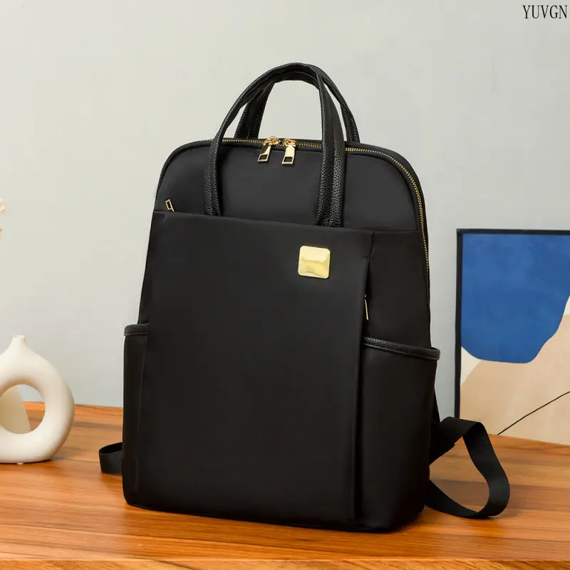 Women's Waterproof Nylon Laptop Backpack - Minimal Square Gold Metal Accent, Multi-Pocket Large Capacity, Handheld Convertible Daypack, Elegant Casual Work Bag for Office, School, Backpacks for School Commute