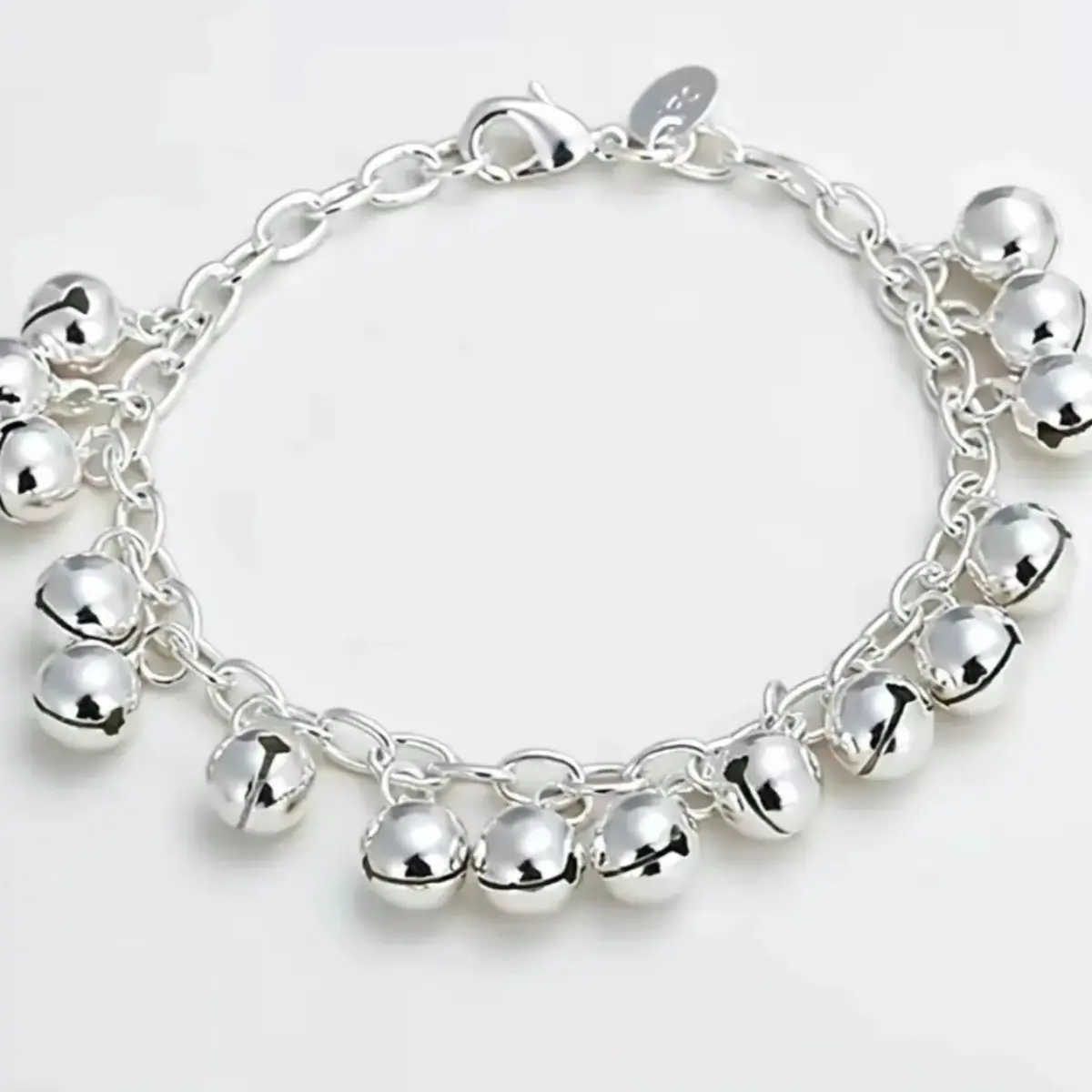 925 sterling silver bell charm bracelet featuring a 3D round charm design, an adjustable chain, and a lobster clasp; suitable for everyday wear, weddings, and special occasions., Bracelets For Women, 3D Round Bell Charms