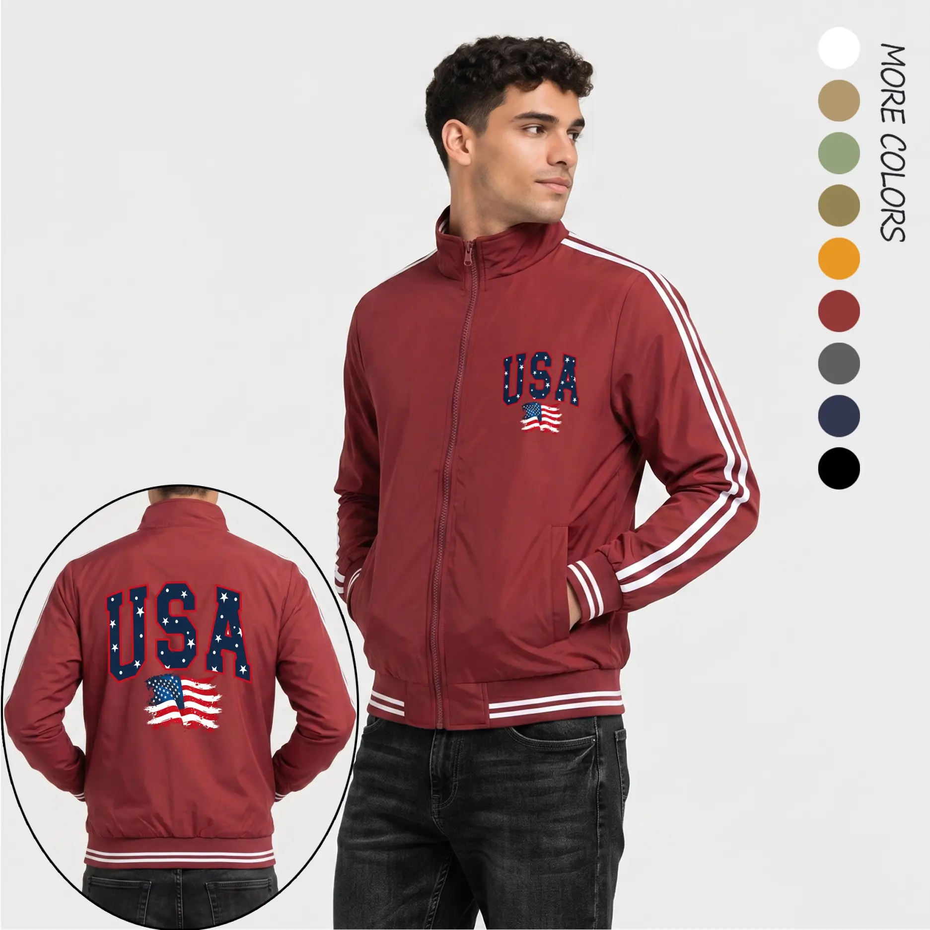 Men’s American Flag Print Lightweight Flight Jacket – Casual Bomber Jacket with USA Chest Logo, Back Flag Graphic, Ribbed Trim Streetwear Style
