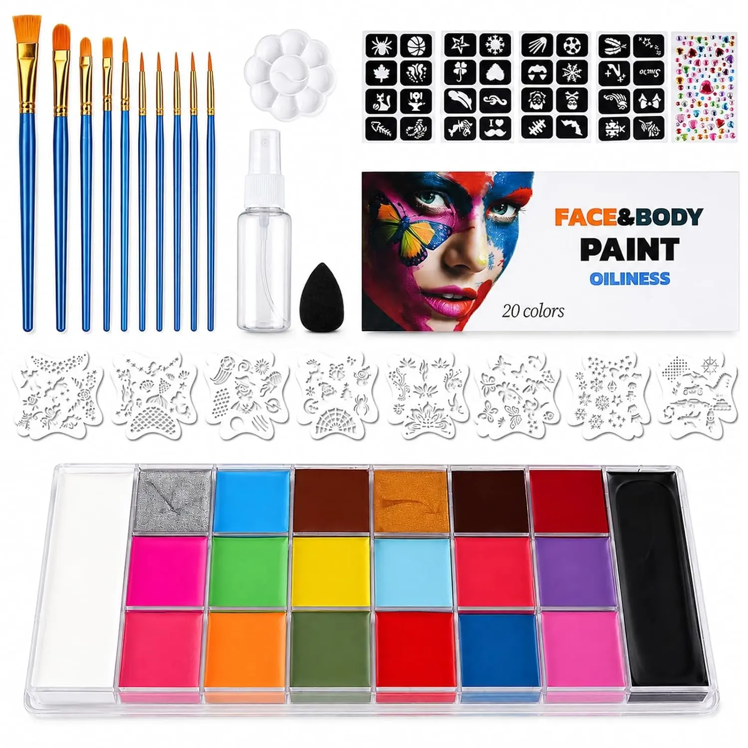 20/42 Colors Face Body Paint Makeup Set, Festival Party Painting with Palette and Stencil Tools, 2 Artist Brushes, Halloween Christmas Party